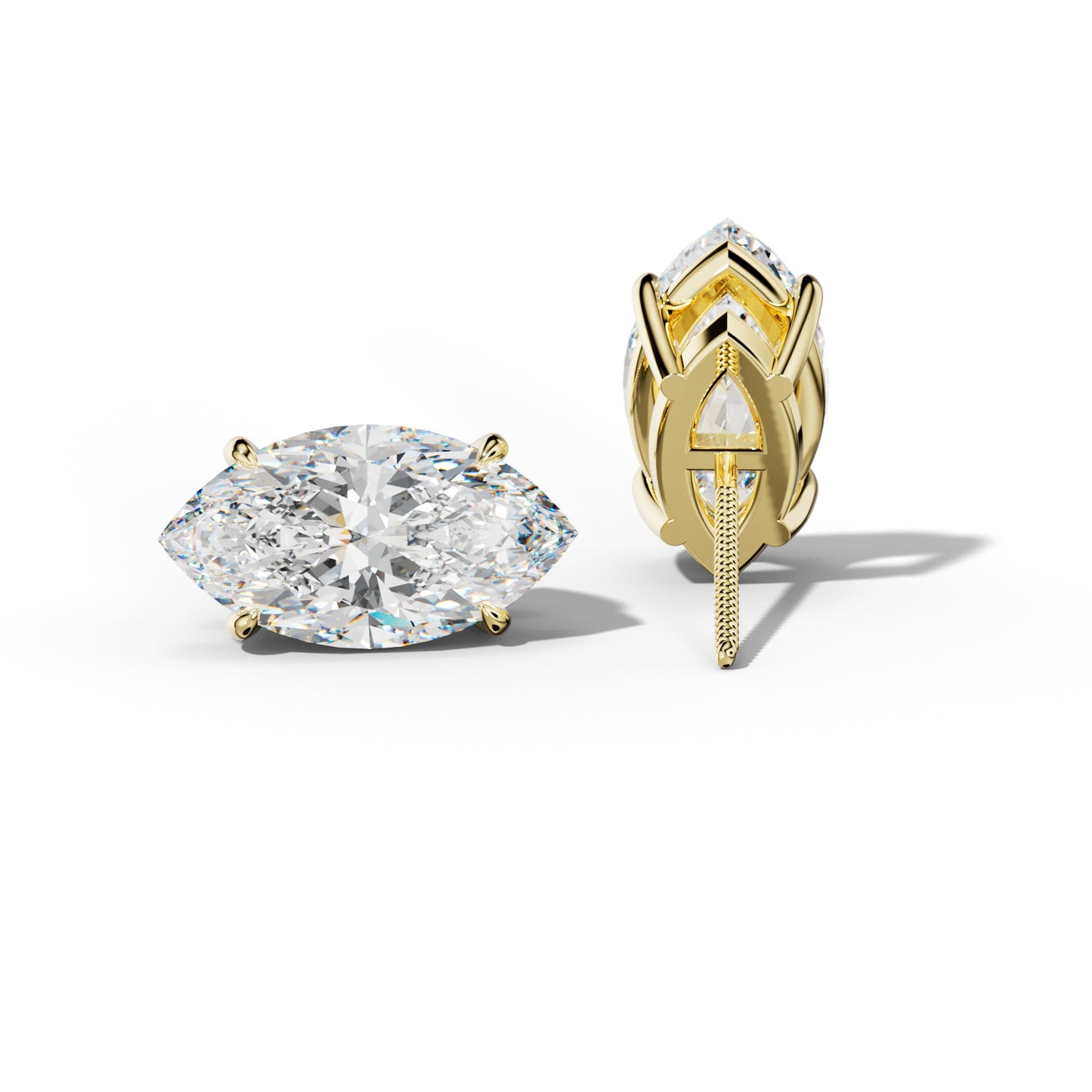 Marquise Diamond Stud Earrings With Four Claw Prongs - 1/2 - 18K Yellow Gold