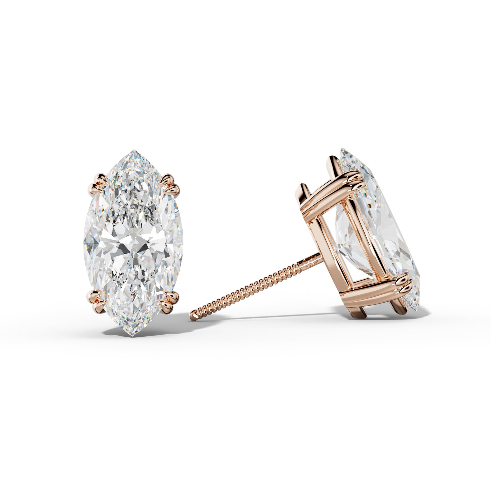 Marquise Diamond Stud Earrings With Claw Double Prongs - 1/2 - 18K Rose Gold