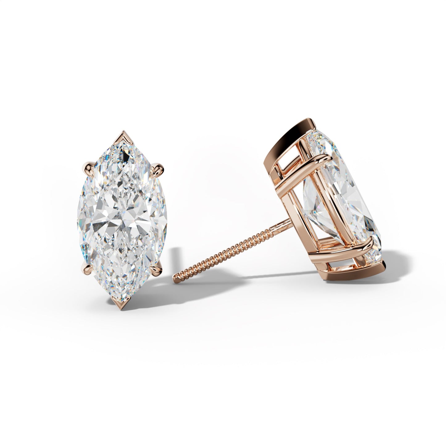 Marquise Diamond Stud Earrings With Four Claw And V Prongs - 1/2 - 18K Rose Gold