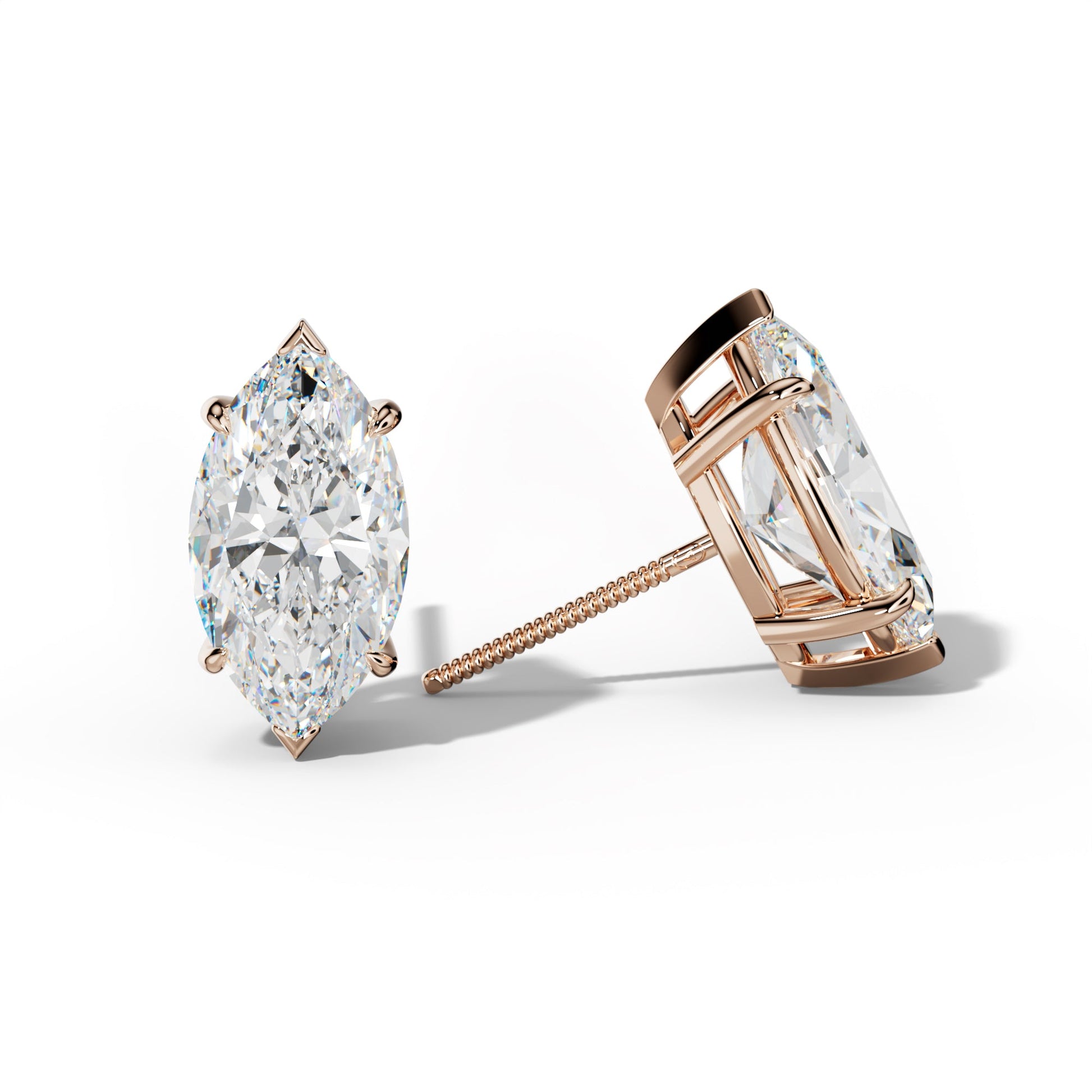 Marquise Diamond Stud Earrings With Four Claw And V Prongs - 1/2 - 18K Rose Gold