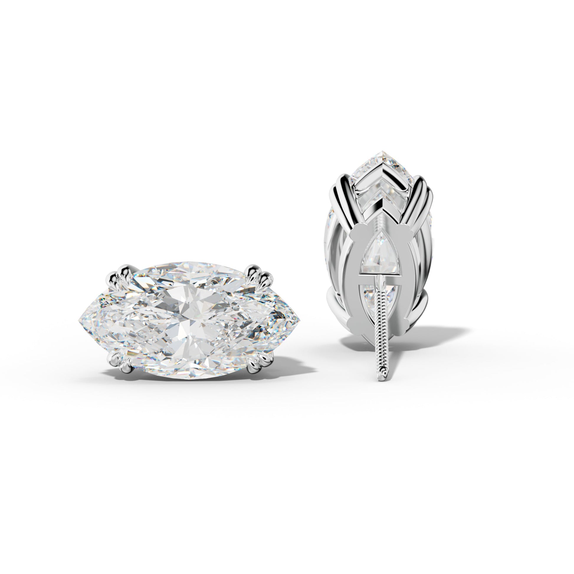 Marquise Diamond Stud Earrings With Claw Double Prongs - 1/2 - 14K Yellow Gold