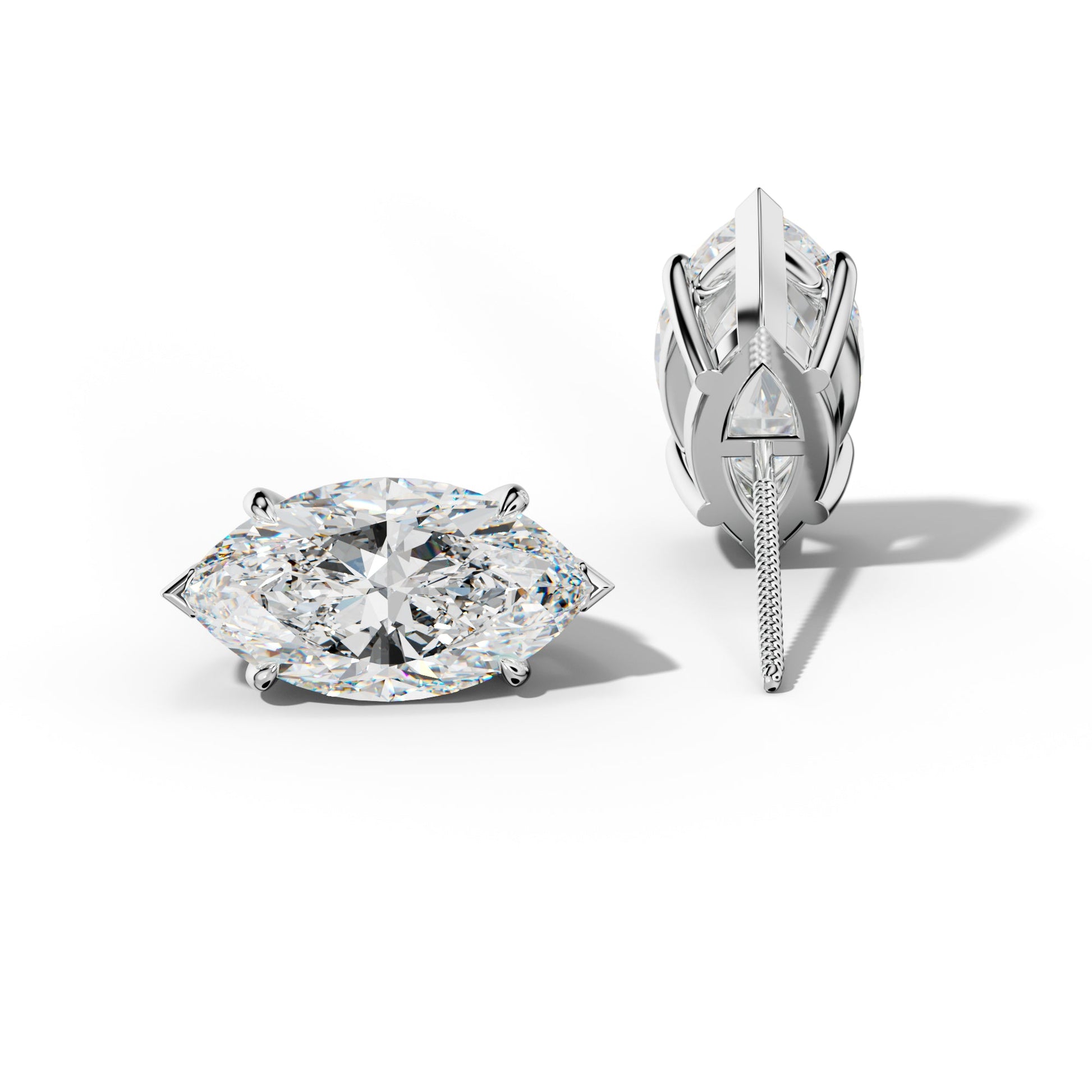 Marquise Diamond Stud Earrings With Four Claw And V Prongs - 1/2 - 14K Yellow Gold
