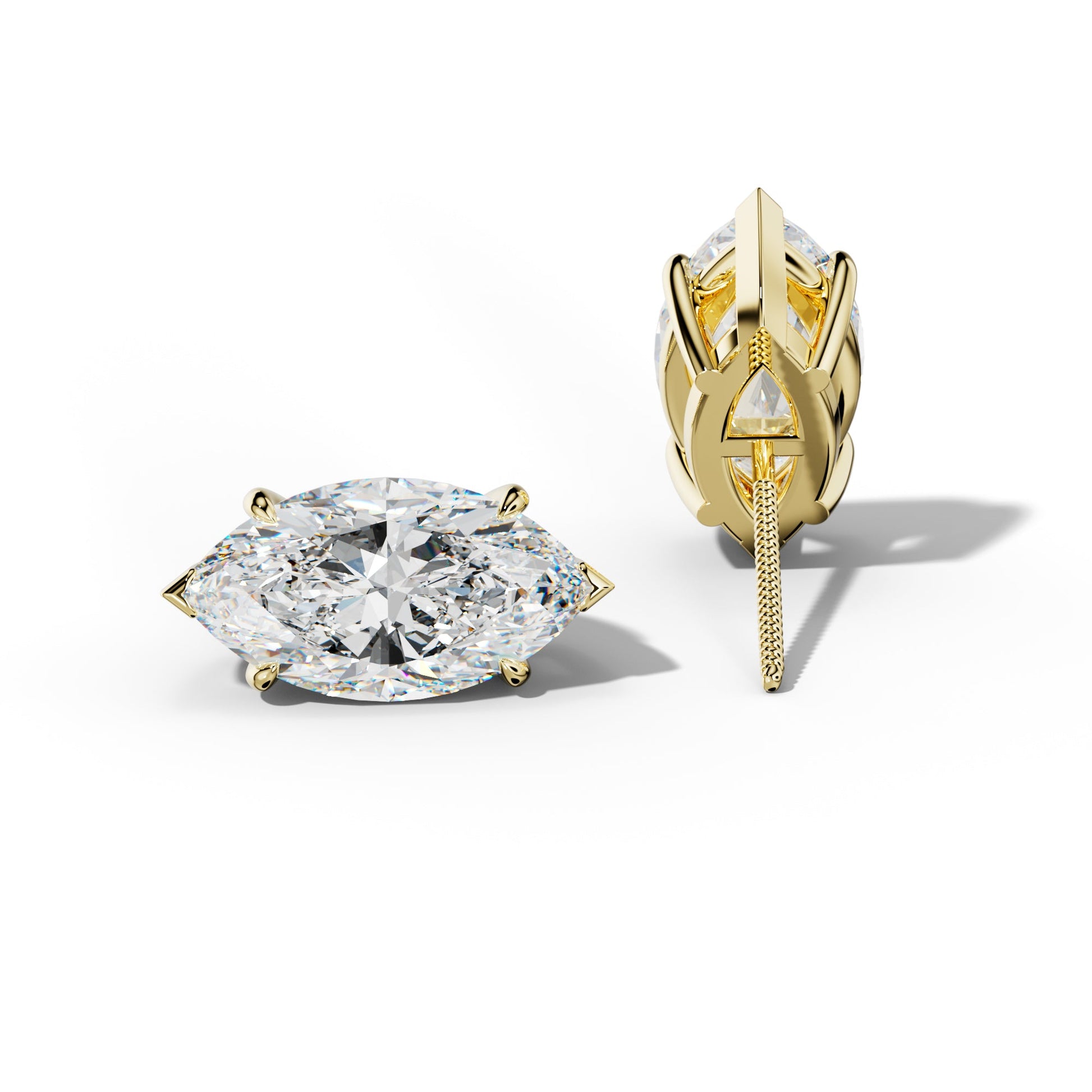 Marquise Diamond Stud Earrings With Four Claw And V Prongs - 1/2 - 18K Yellow Gold