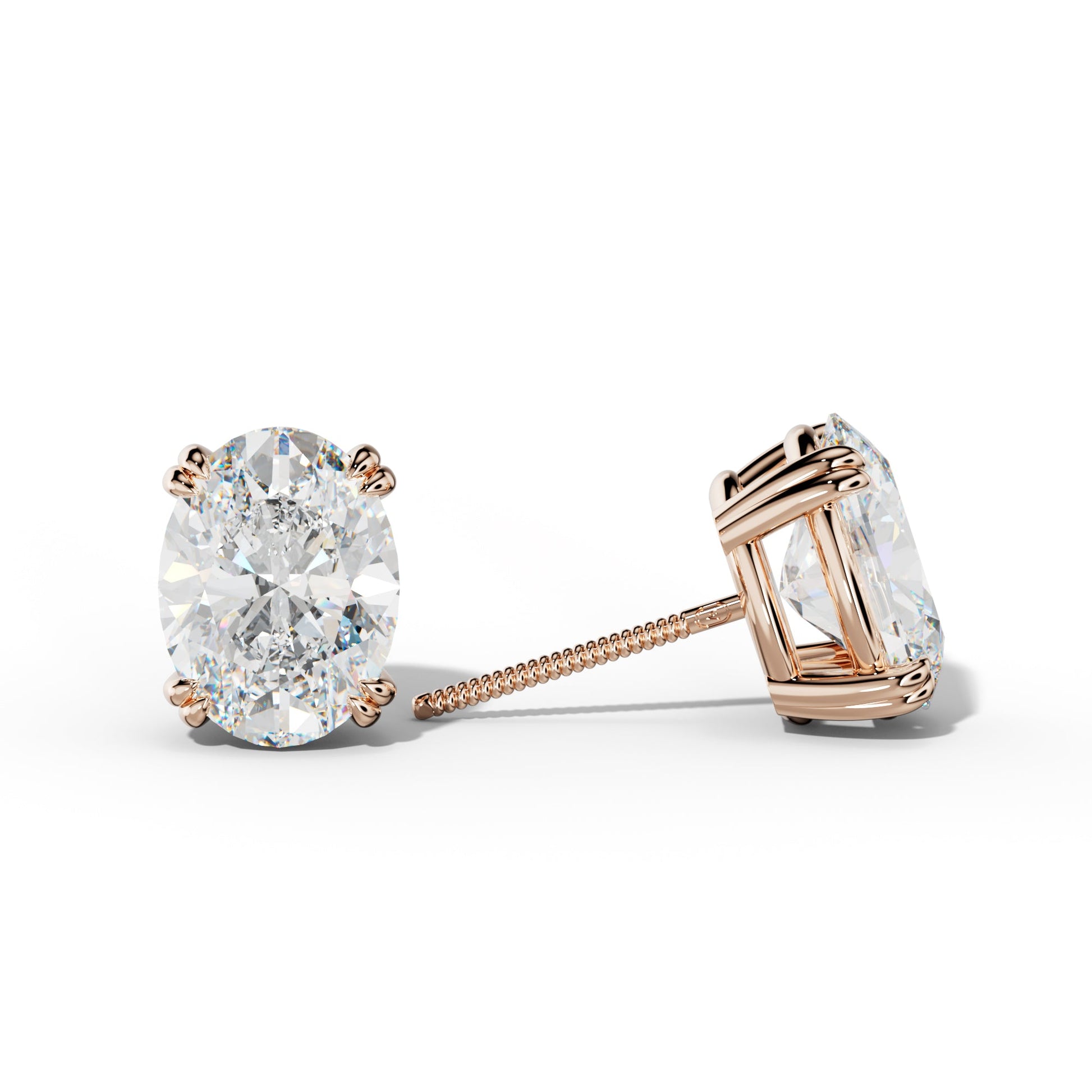 Oval Diamond Stud Earrings With Claw Double Prongs - 1/2 - 18K Rose Gold