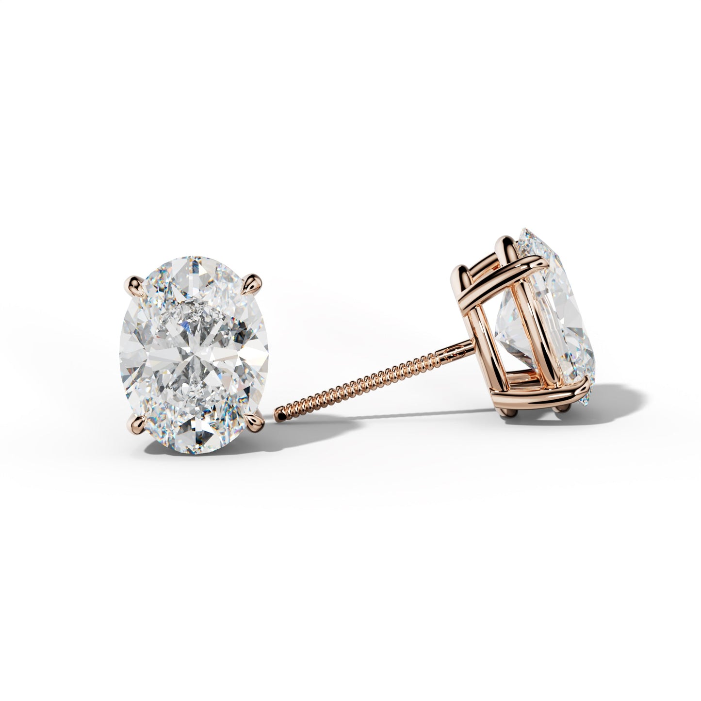 Oval Diamond Stud Earrings With Four Claw Prongs - 1/2 - 18K Rose Gold