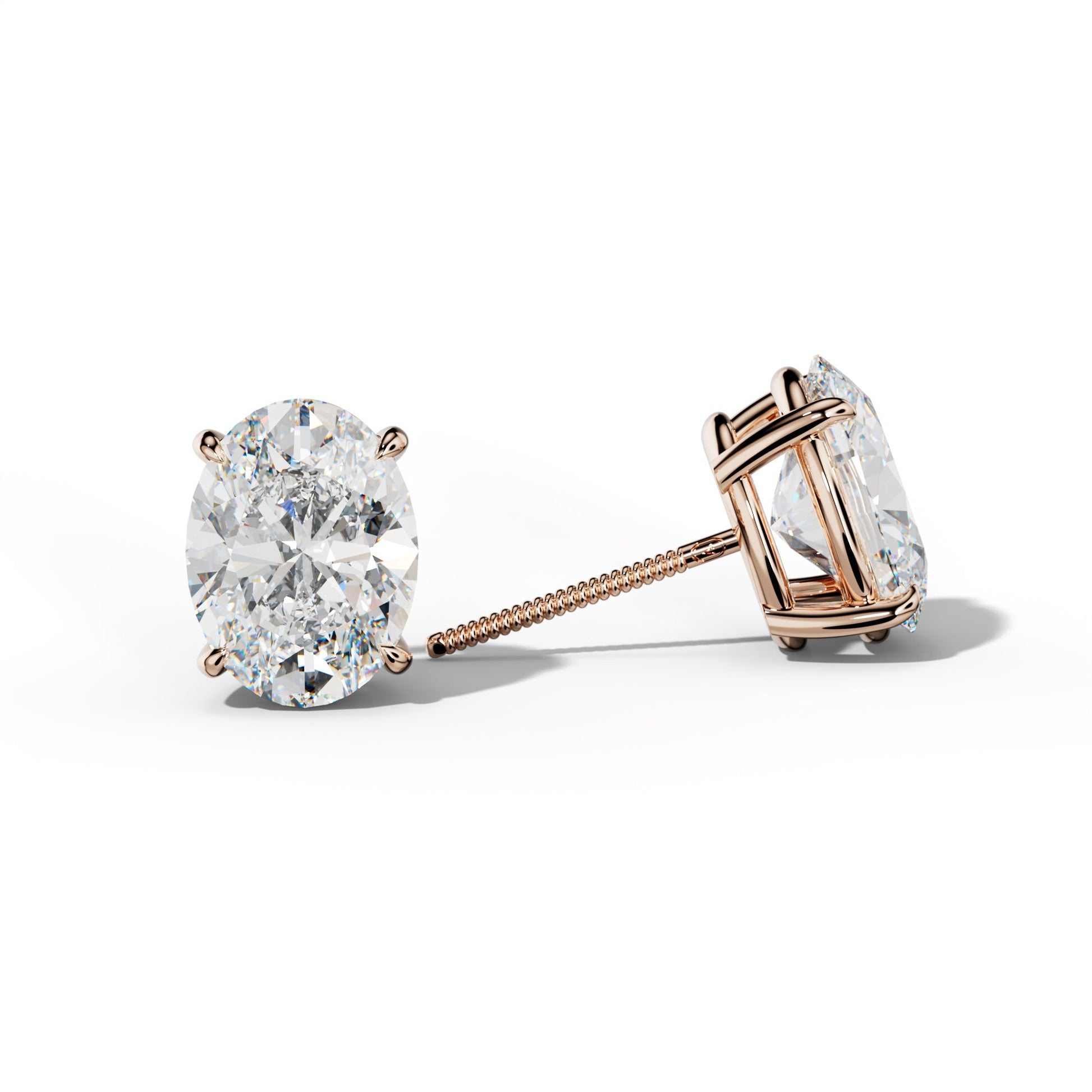Oval Diamond Stud Earrings With Four Claw Prongs - 1/2 - 18K Rose Gold