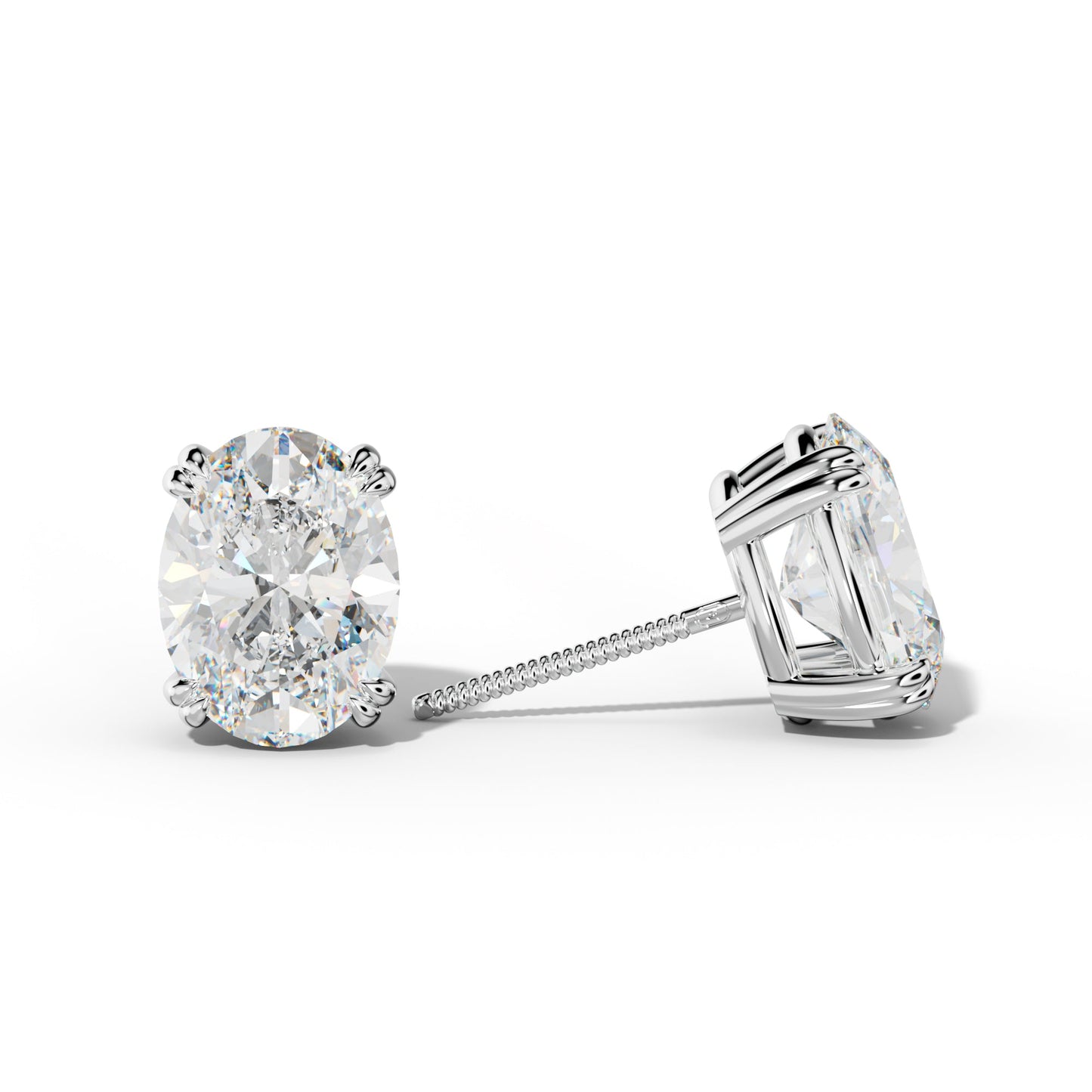 Oval Diamond Stud Earrings With Claw Double Prongs