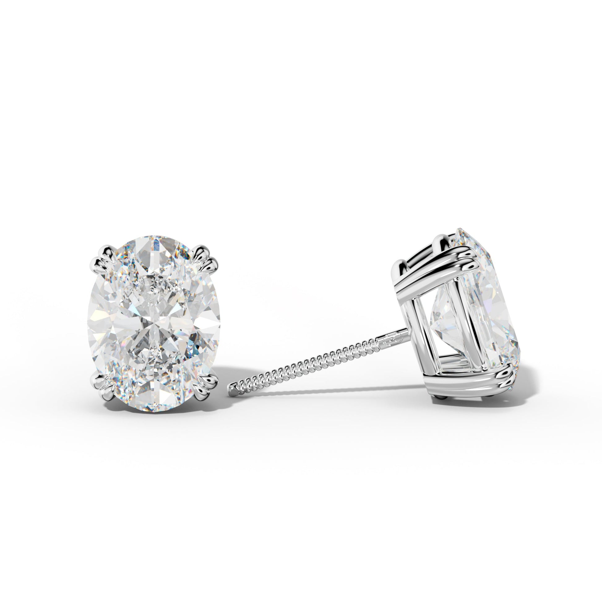 Oval Diamond Stud Earrings With Claw Double Prongs
