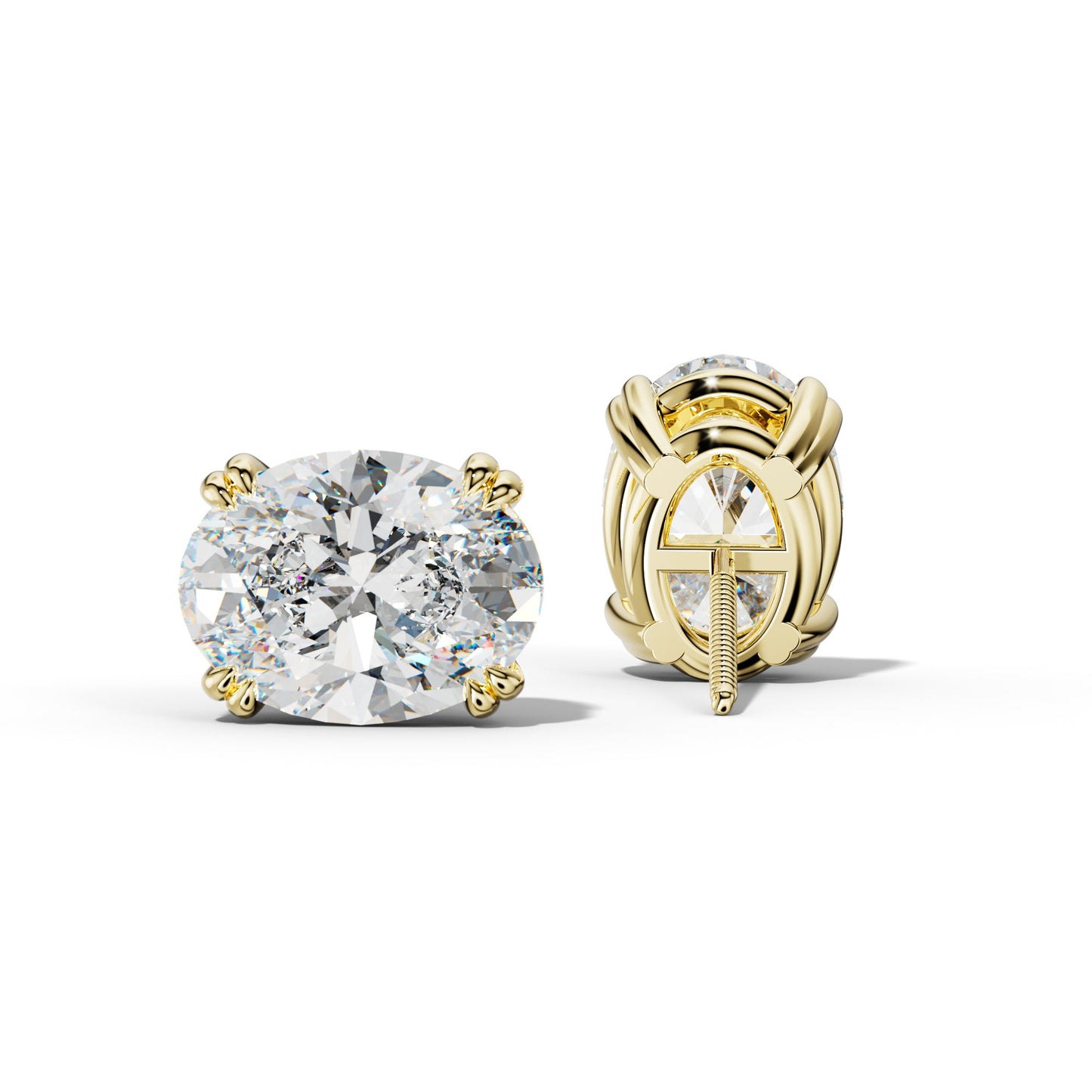 Oval Diamond Stud Earrings With Claw Double Prongs - 1/2 - 18K Yellow Gold