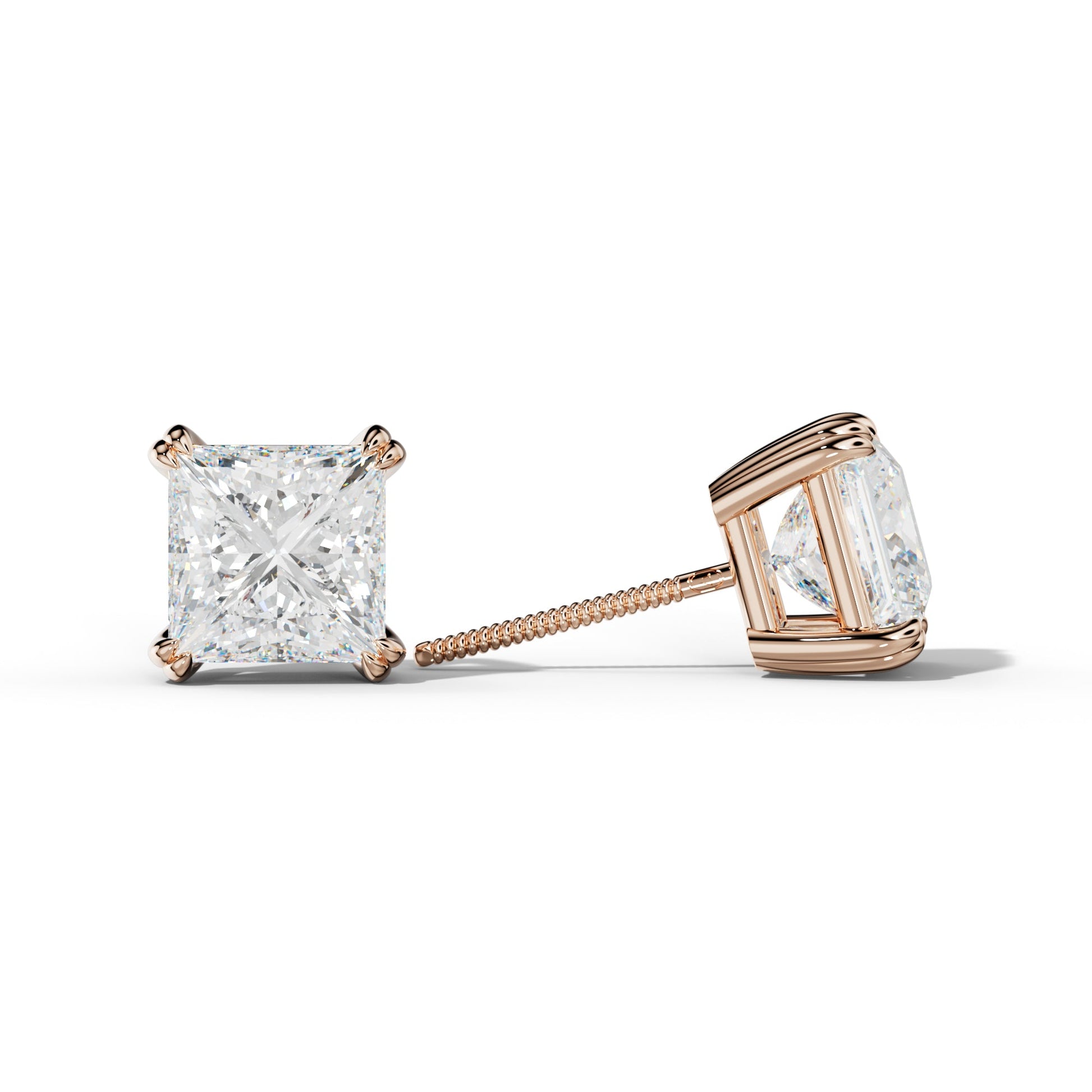 Princess Cut  Diamond Stud Earrings With Claw Double Prongs - 1/2 - 18K Yellow Gold