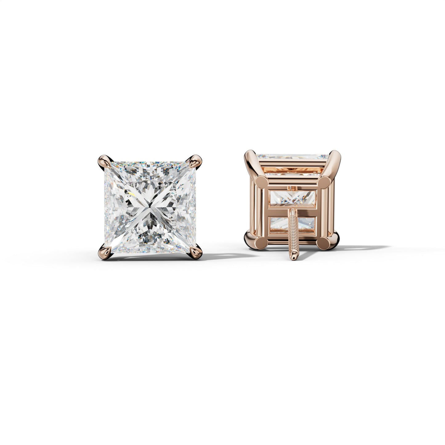 Princess Cut  Diamond Stud Earrings With Four Claw Prongs - 1/2 - Platinum 950