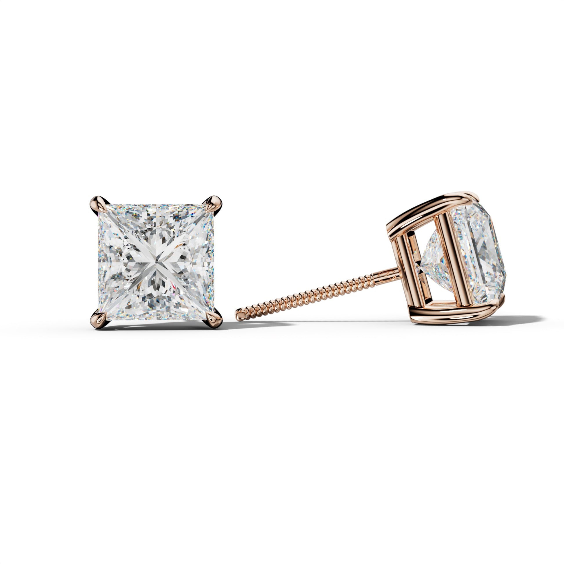Princess Cut  Diamond Stud Earrings With Four Claw Prongs - 1/2 - 18K Rose Gold