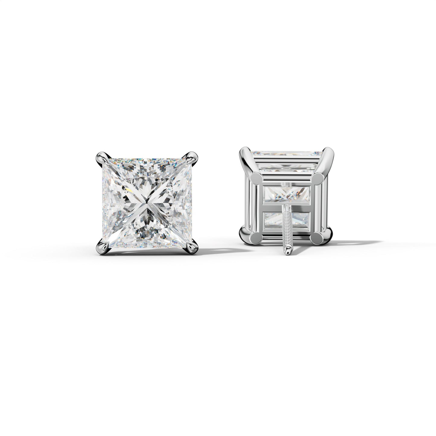 Princess Cut  Diamond Stud Earrings With Four Claw Prongs - 1/2 - 14K Yellow Gold