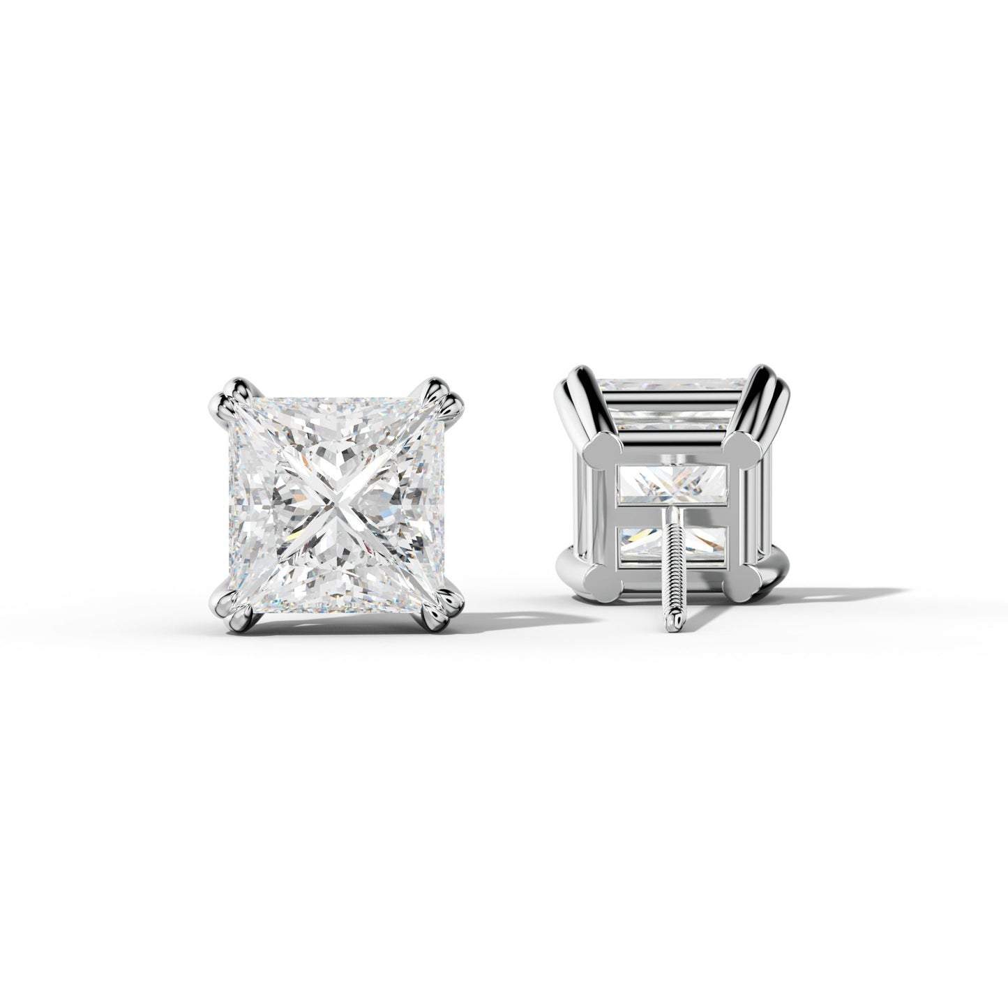 Princess Cut  Diamond Stud Earrings With Claw Double Prongs - 1/2 - 14K Yellow Gold