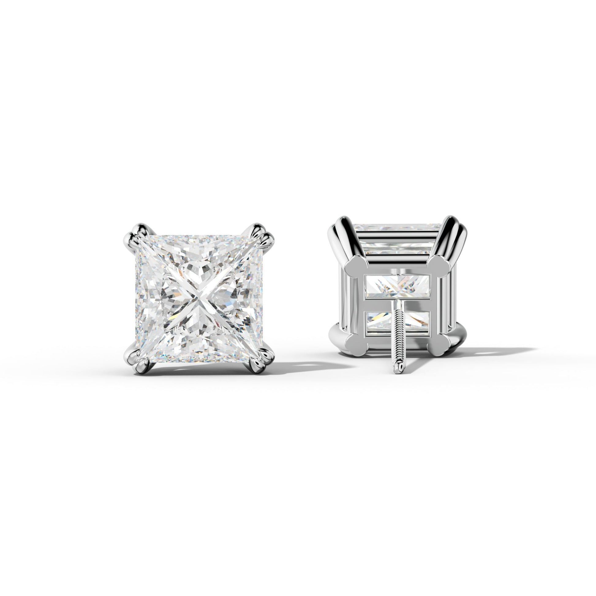 Princess Cut  Diamond Stud Earrings With Claw Double Prongs - 1/2 - 14K Yellow Gold
