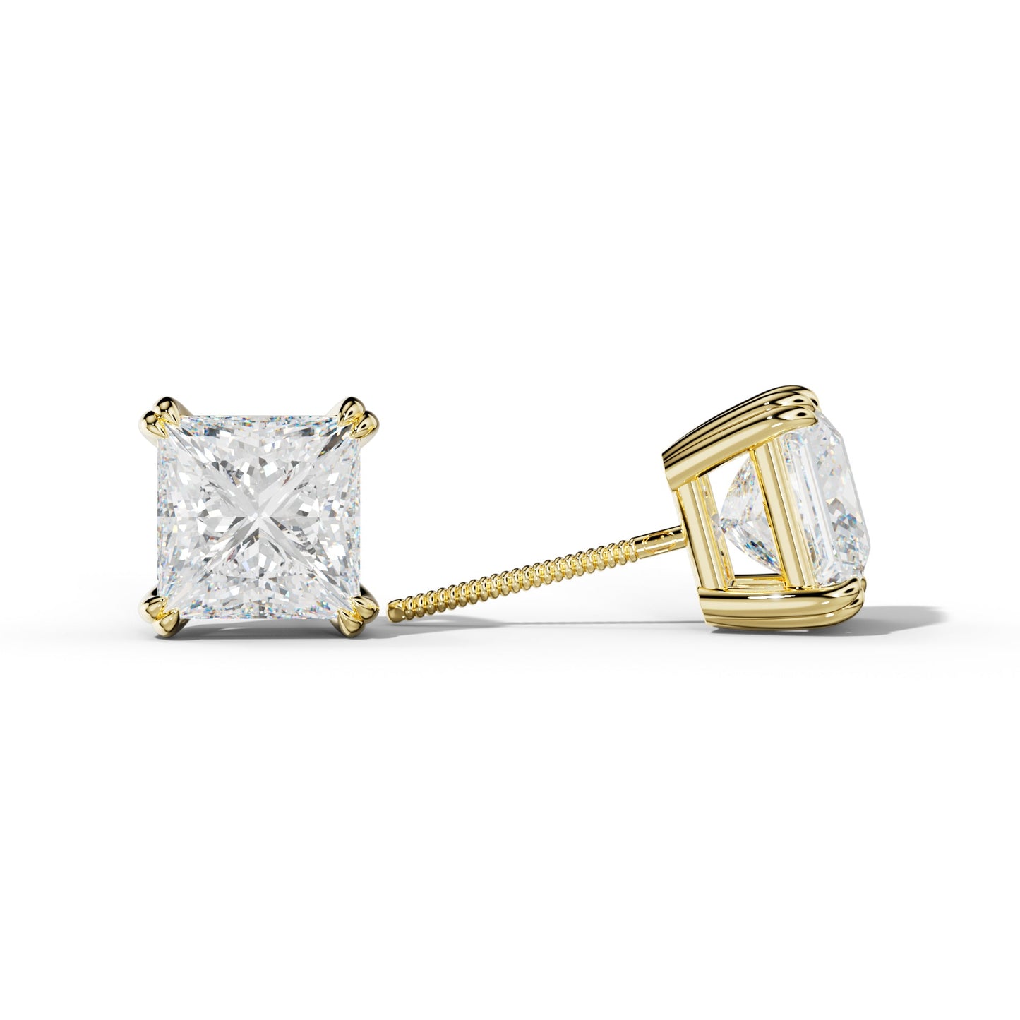 Princess Cut  Diamond Stud Earrings With Claw Double Prongs - 1/2 - 18K White Gold