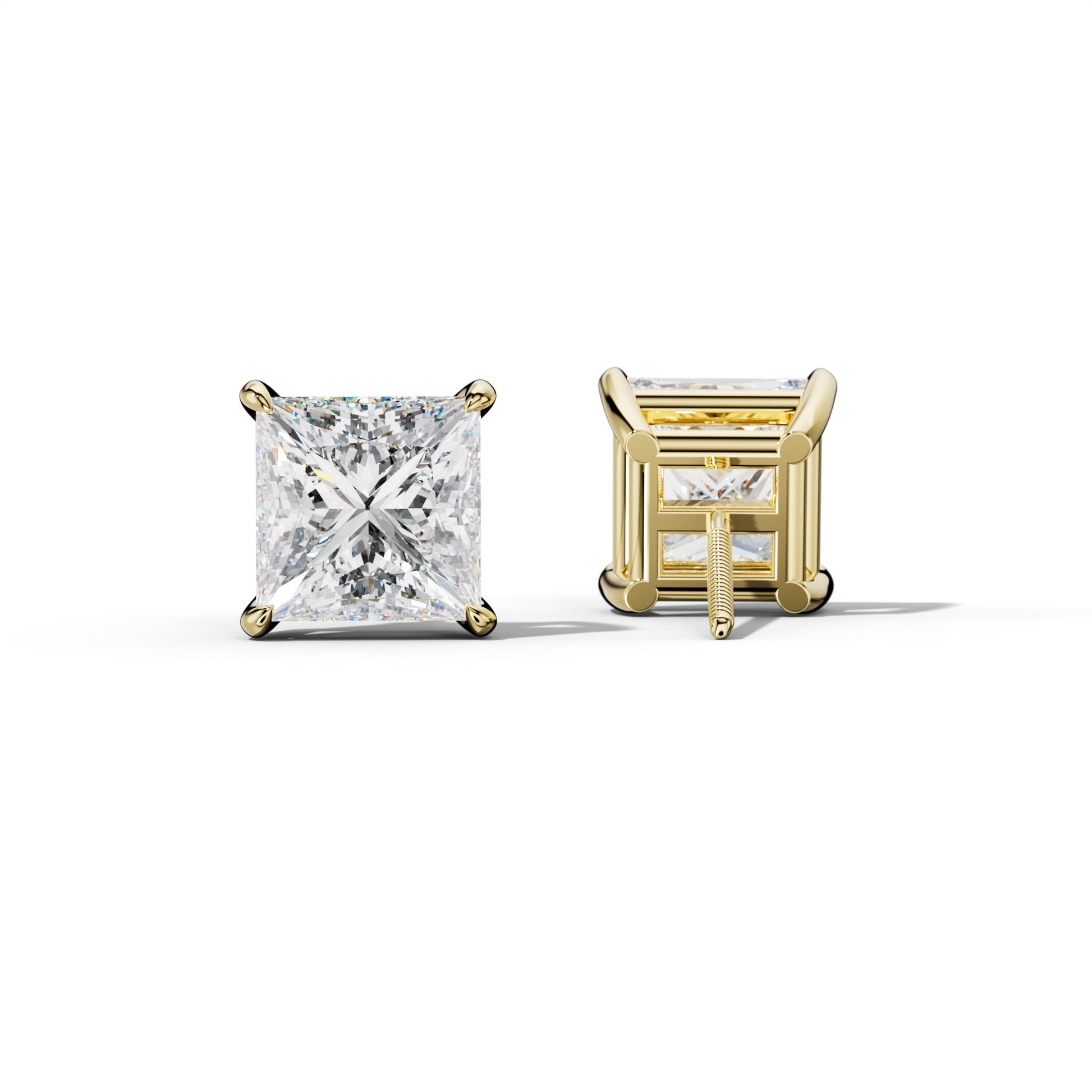 Princess Cut  Diamond Stud Earrings With Four Claw Prongs - 1/2 - 18K Yellow Gold