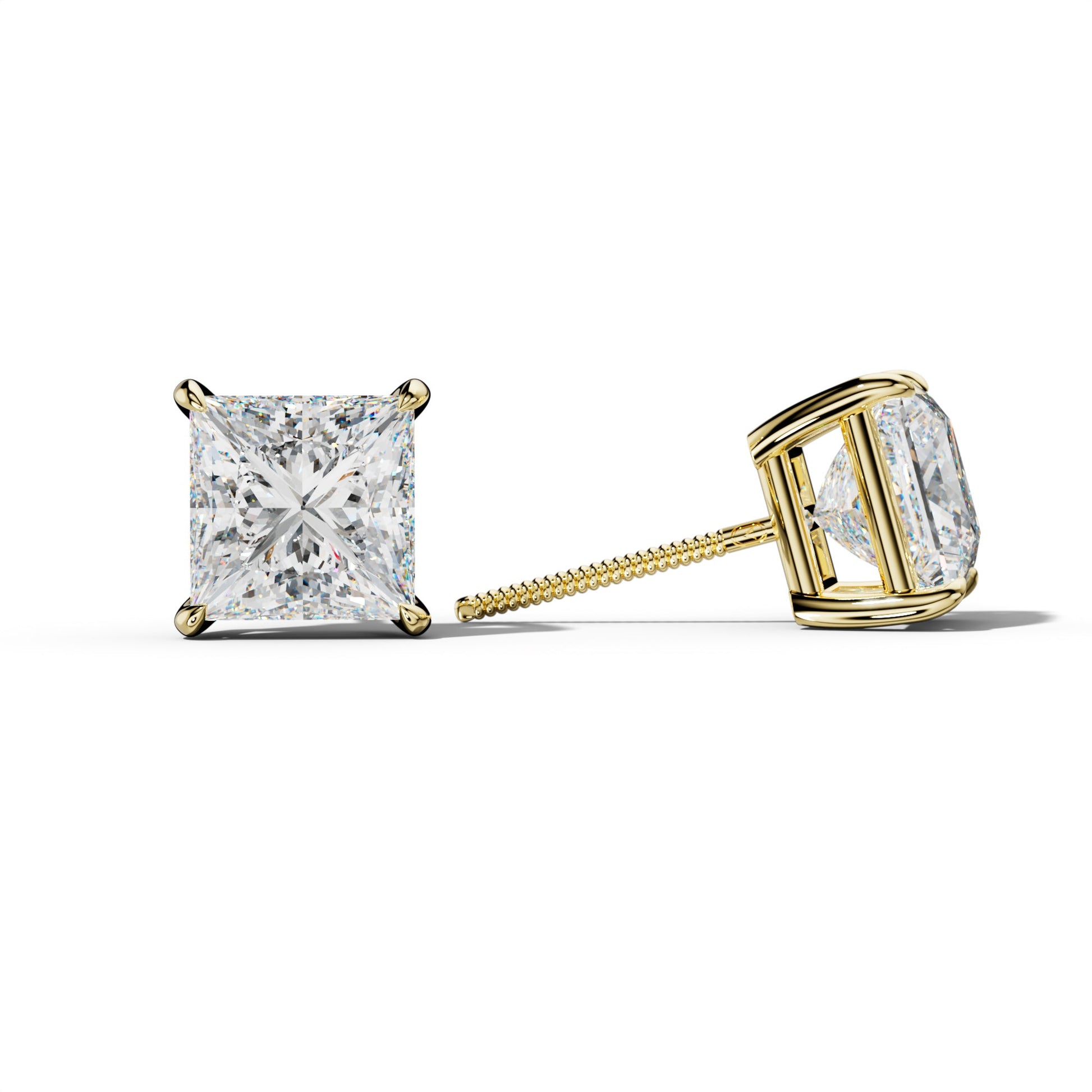 Princess Cut  Diamond Stud Earrings With Four Claw Prongs - 1/2 - 18K White Gold