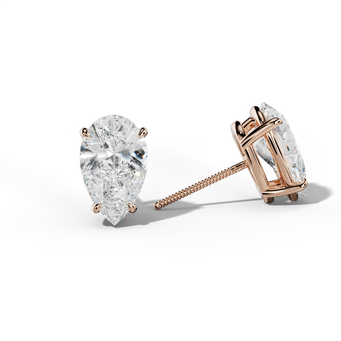 Pear Shape Diamond Stud Earrings With Four Claw Prongs - 1/2 - 18K Rose Gold