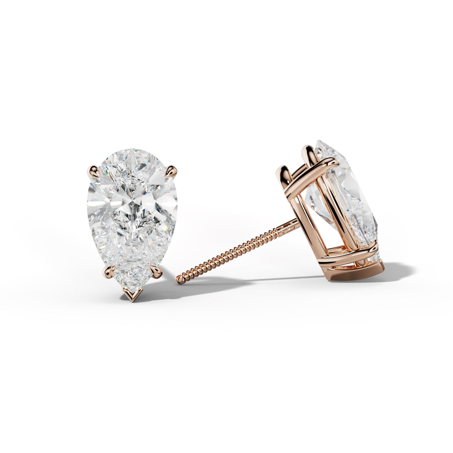Pear Shape Diamond Stud Earrings With Four Claw And V Prongs - 1/2 - 18K Rose Gold