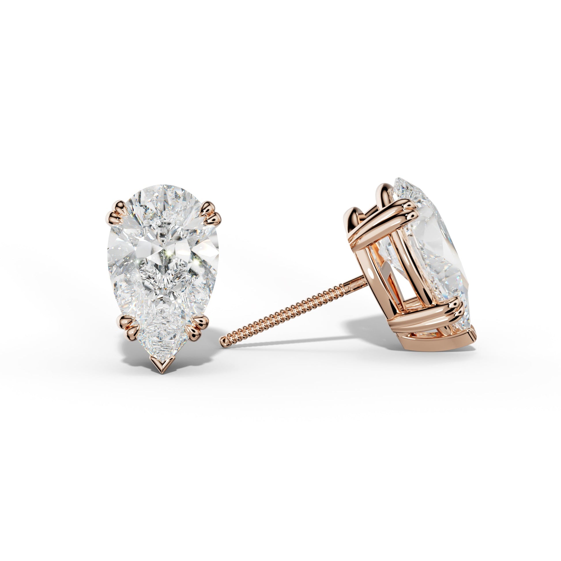 Pear Shape Diamond Stud Earrings With Claw Double And V Prongs - 1/2 - 18K Rose Gold