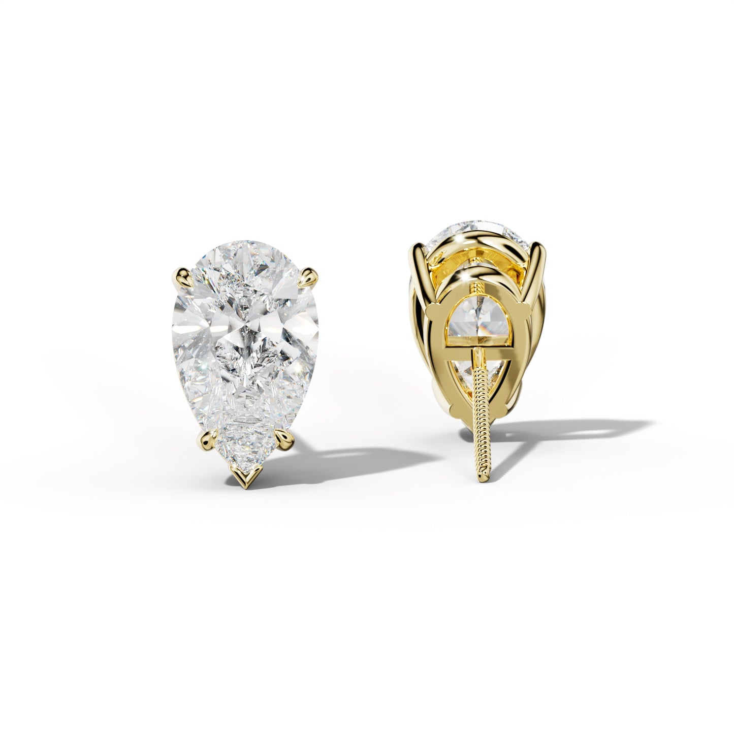 Pear Shape Diamond Stud Earrings With Four Claw And V Prongs - 1/2 - 18K Yellow Gold