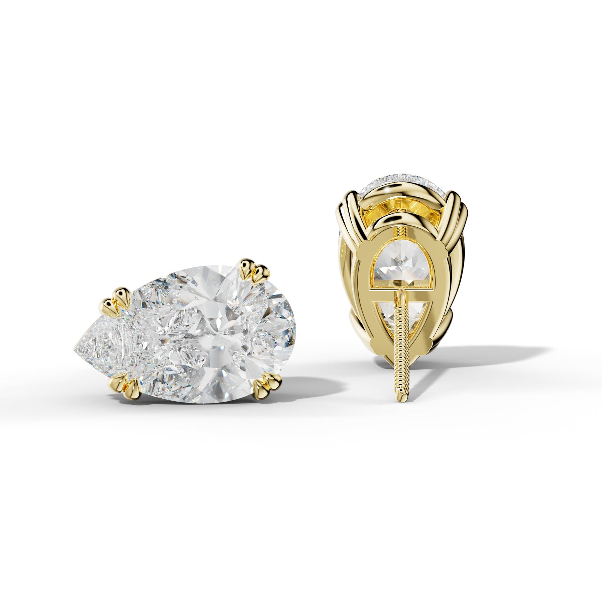 Pear Shape Diamond Stud Earrings With Claw Double Prongs - 1/2 - 18K Yellow Gold