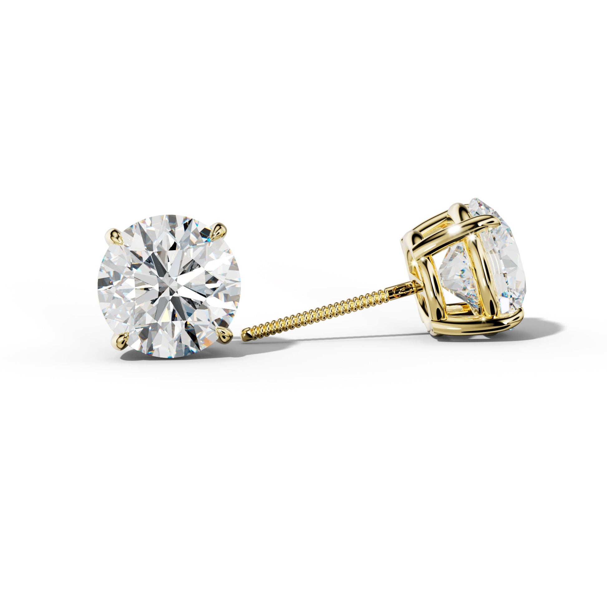 Round Diamond Stud Earrings With Four Claw Prongs - 1/2 - 18K Yellow Gold
