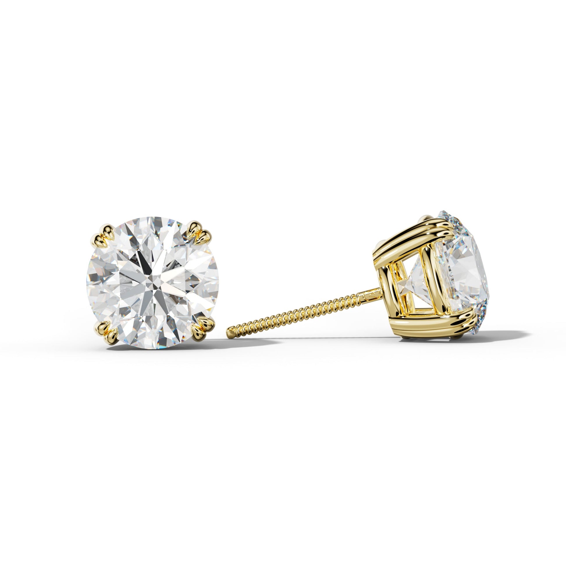 Round Diamond Stud Earrings With Claw Double Prongs - 1/2 - 18K Yellow Gold