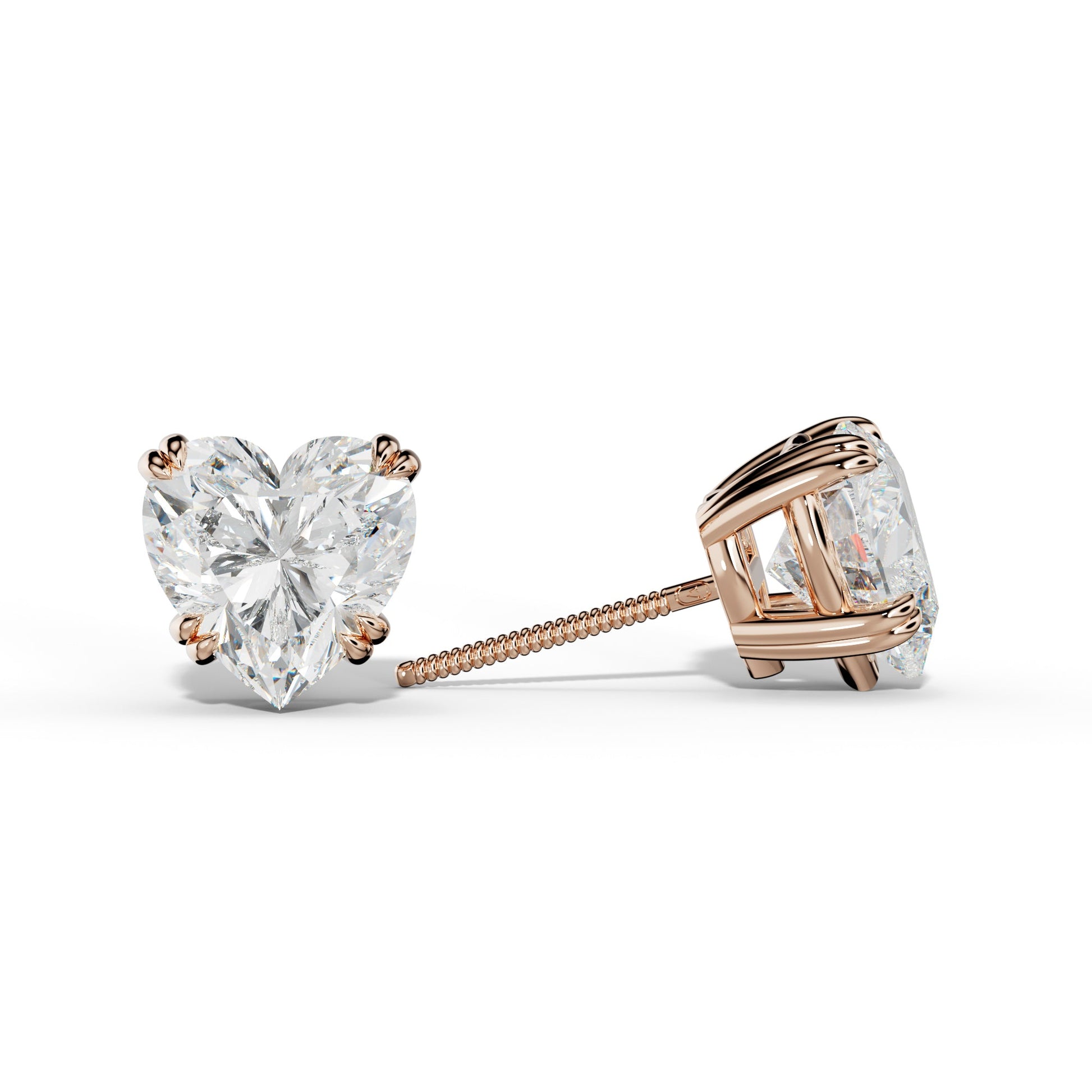 Heart  Diamond Stud Earrings With Claw Double Prongs - 1/2 - 18K Rose Gold