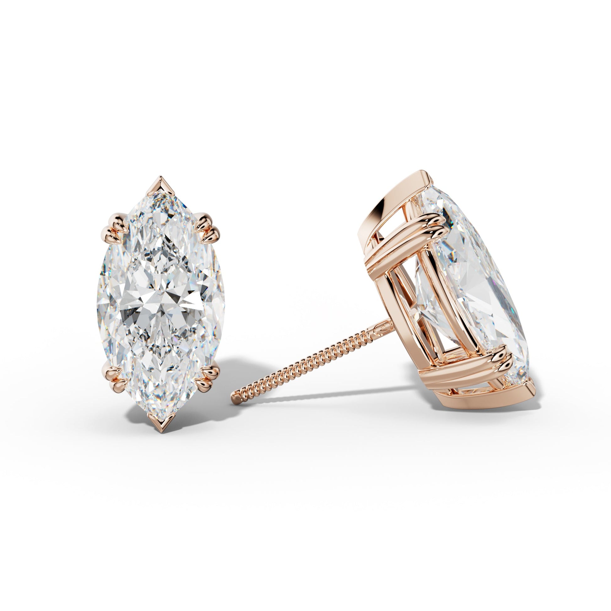 Marquise Diamond Stud Earrings With Double Claw And V Prongs - 1/2 - 18K Rose Gold