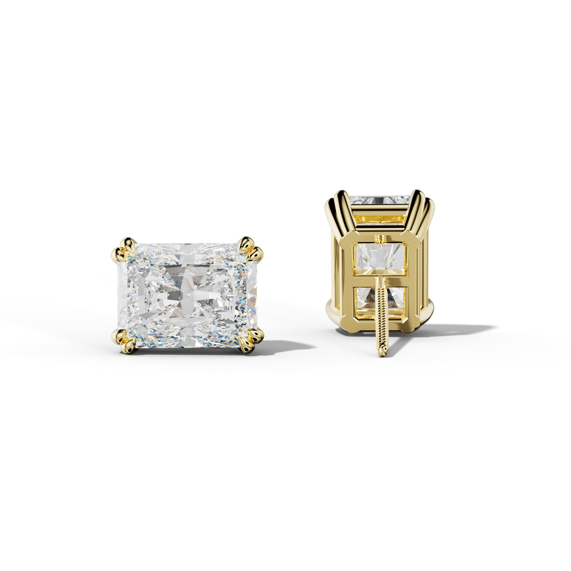 Radiant Diamond Stud Earrings With Claw Double Prongs - 1/2 - 18K Yellow Gold