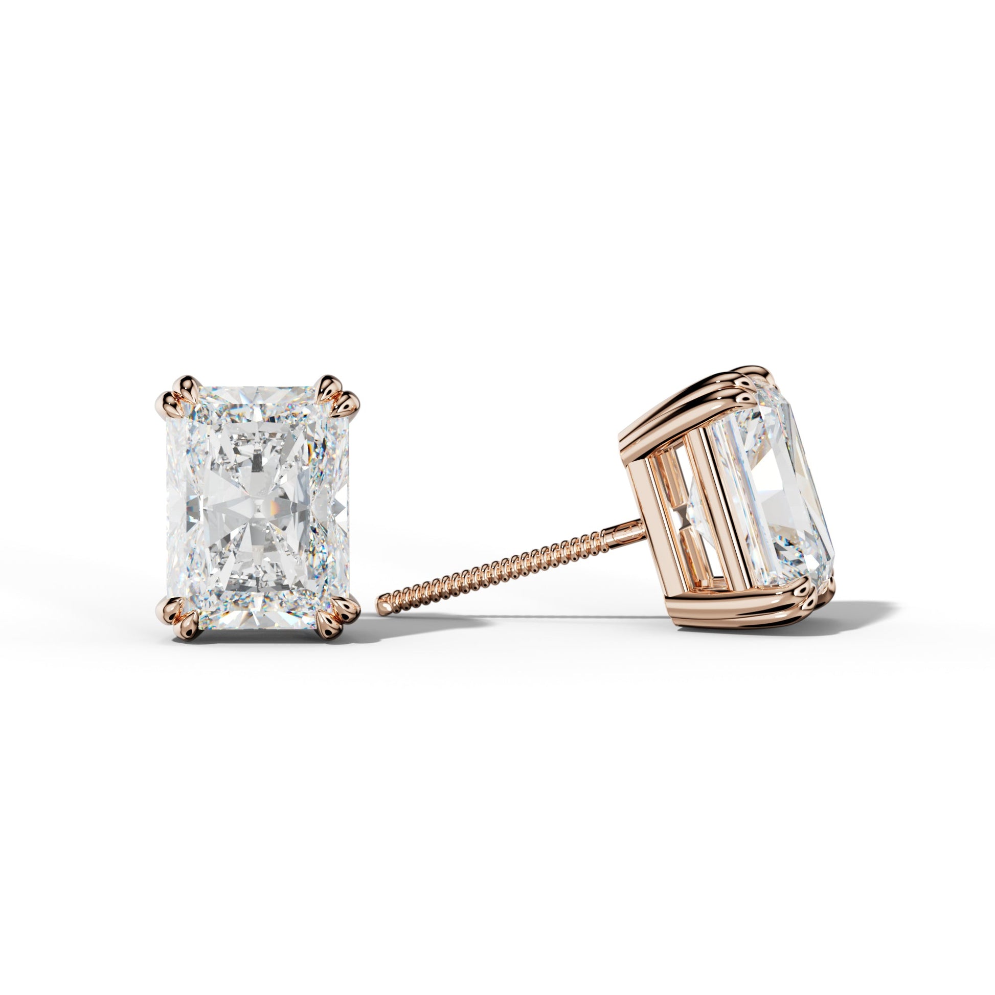 Radiant Diamond Stud Earrings With Claw Double Prongs - 1/2 - 18K Rose Gold
