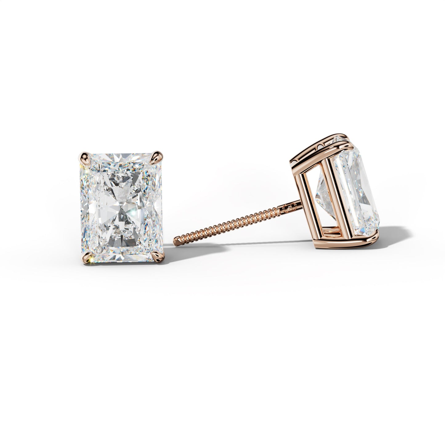 Radiant Diamond Stud Earrings With Four Claw Prongs - 1/2 - 18K Rose Gold