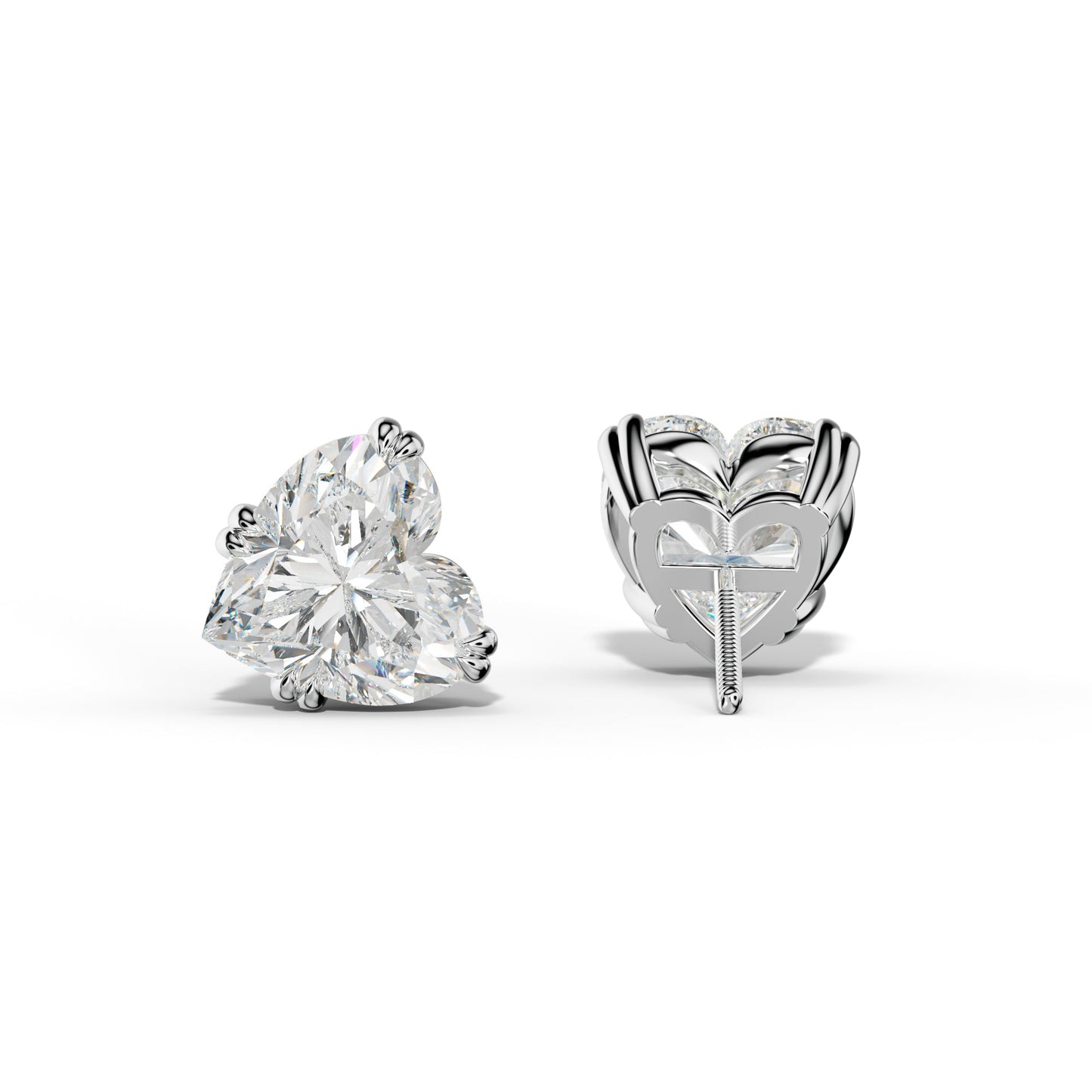 Heart  Diamond Stud Earrings With Claw Double Prongs - 1/2 - 14K Yellow Gold