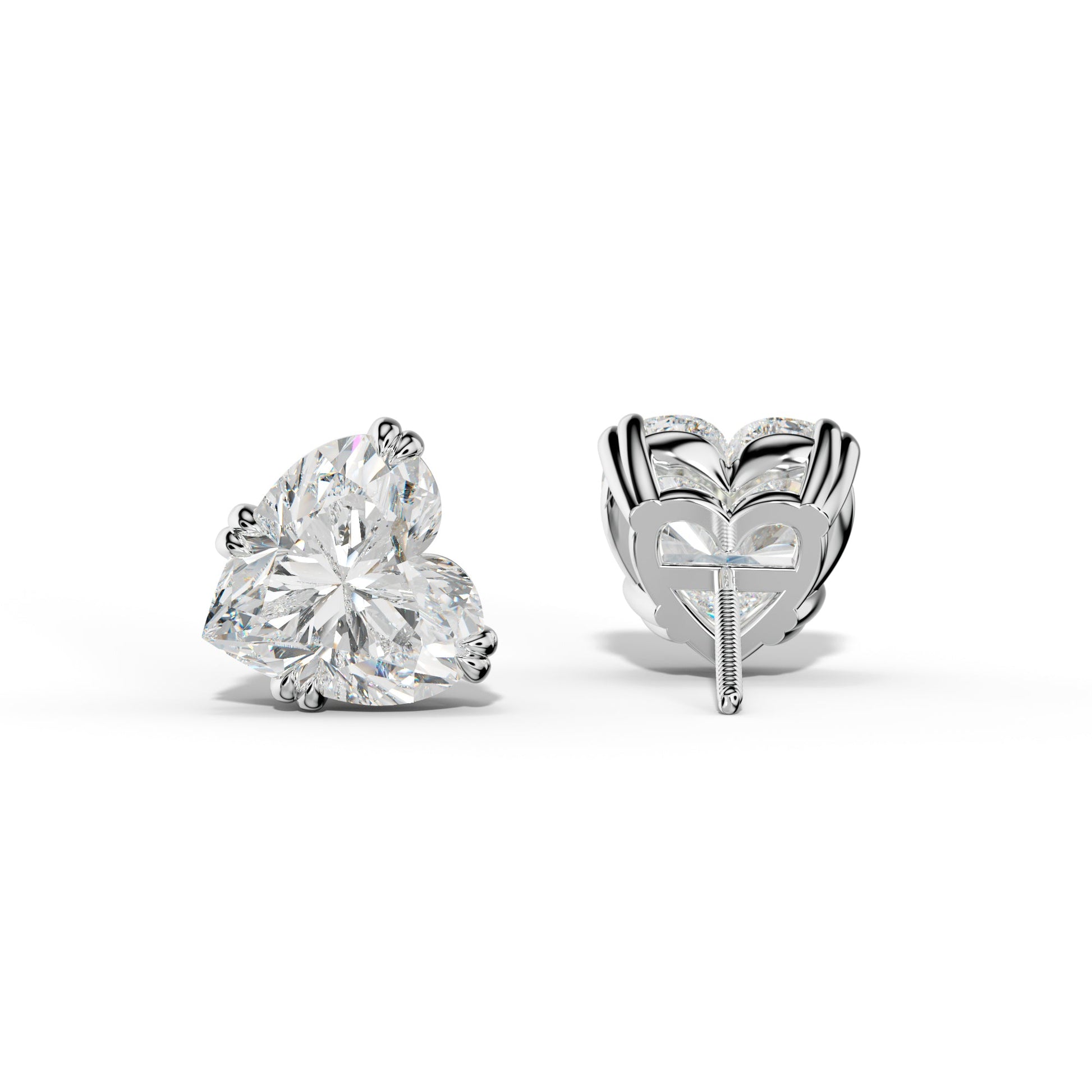 Heart  Diamond Stud Earrings With Claw Double Prongs - 1/2 - 14K Yellow Gold