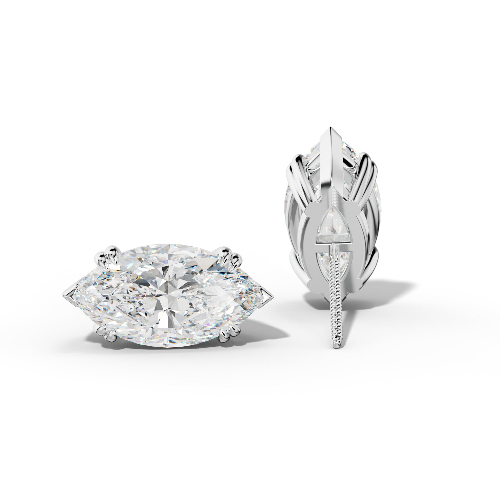 Marquise Diamond Stud Earrings With Double Claw And V Prongs - 1/2 - 14K Yellow Gold