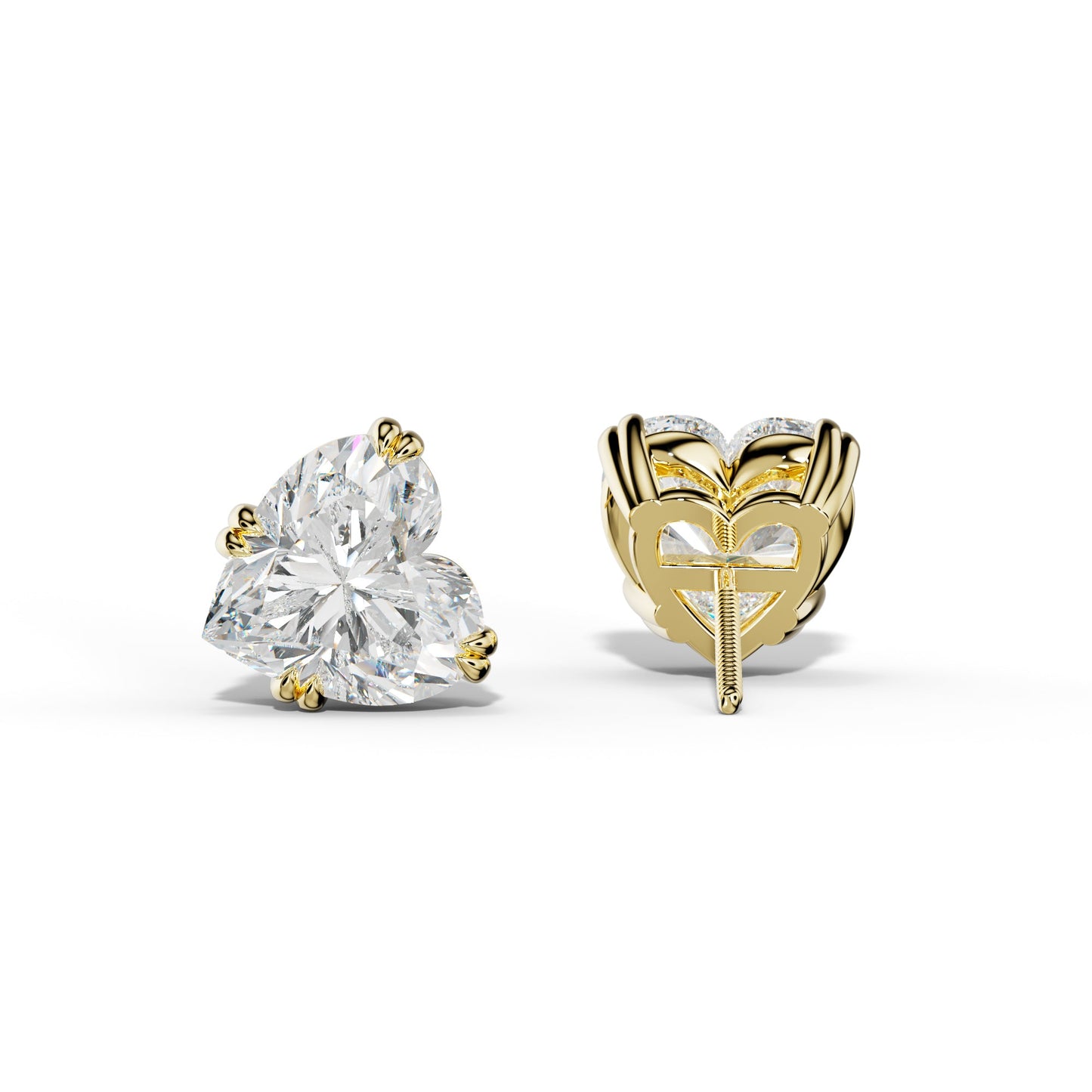 Heart  Diamond Stud Earrings With Claw Double Prongs - 1/2 - 18K Yellow Gold