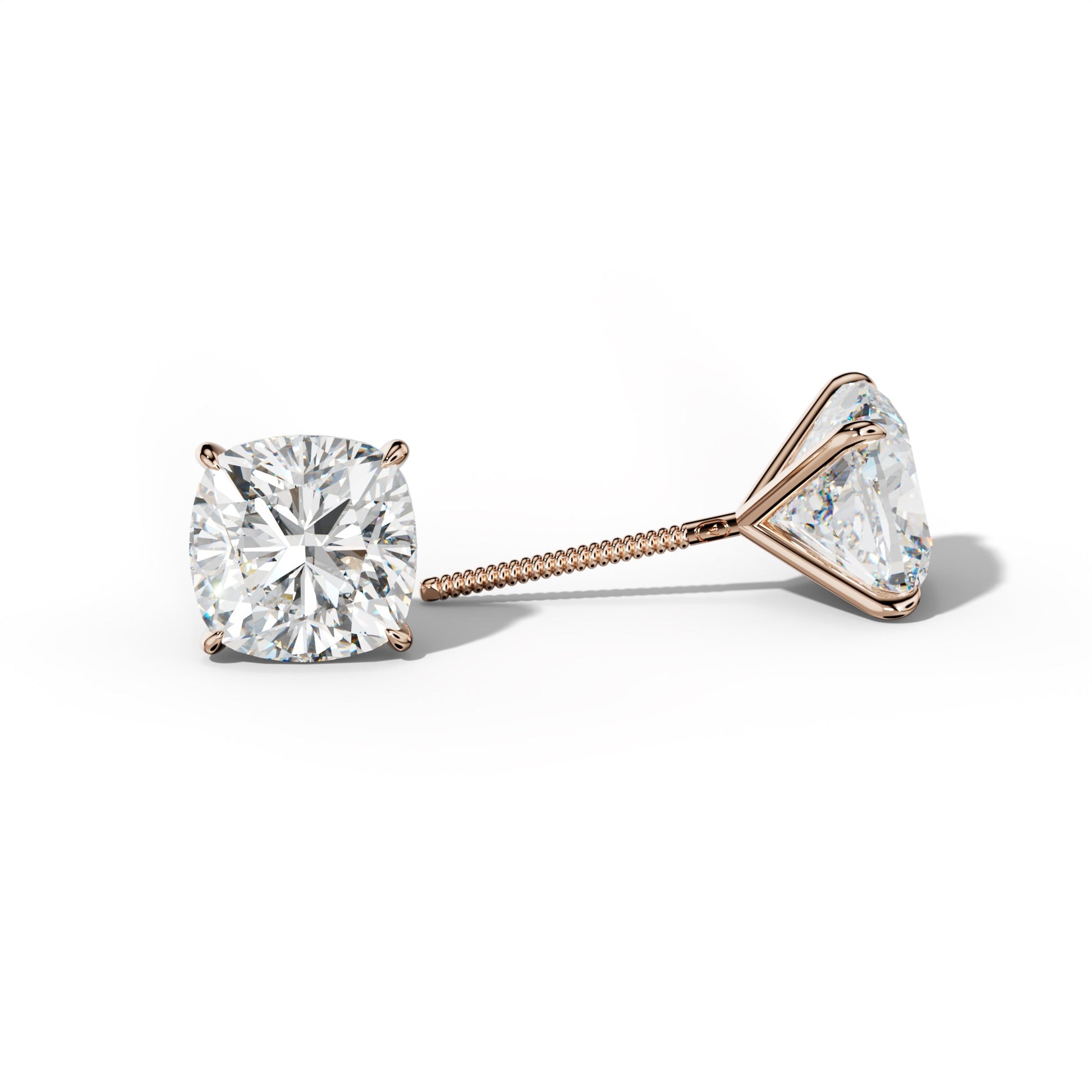 Cushion Diamond Stud Earrings With Four Prong Martini Settings - 1/2 - 18K Rose Gold