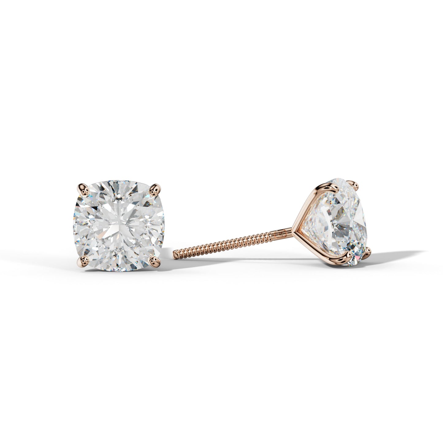 Cushion Diamond Stud Earrings With Four Classic Prong Martini Settings - 1/2 - 18K Rose Gold