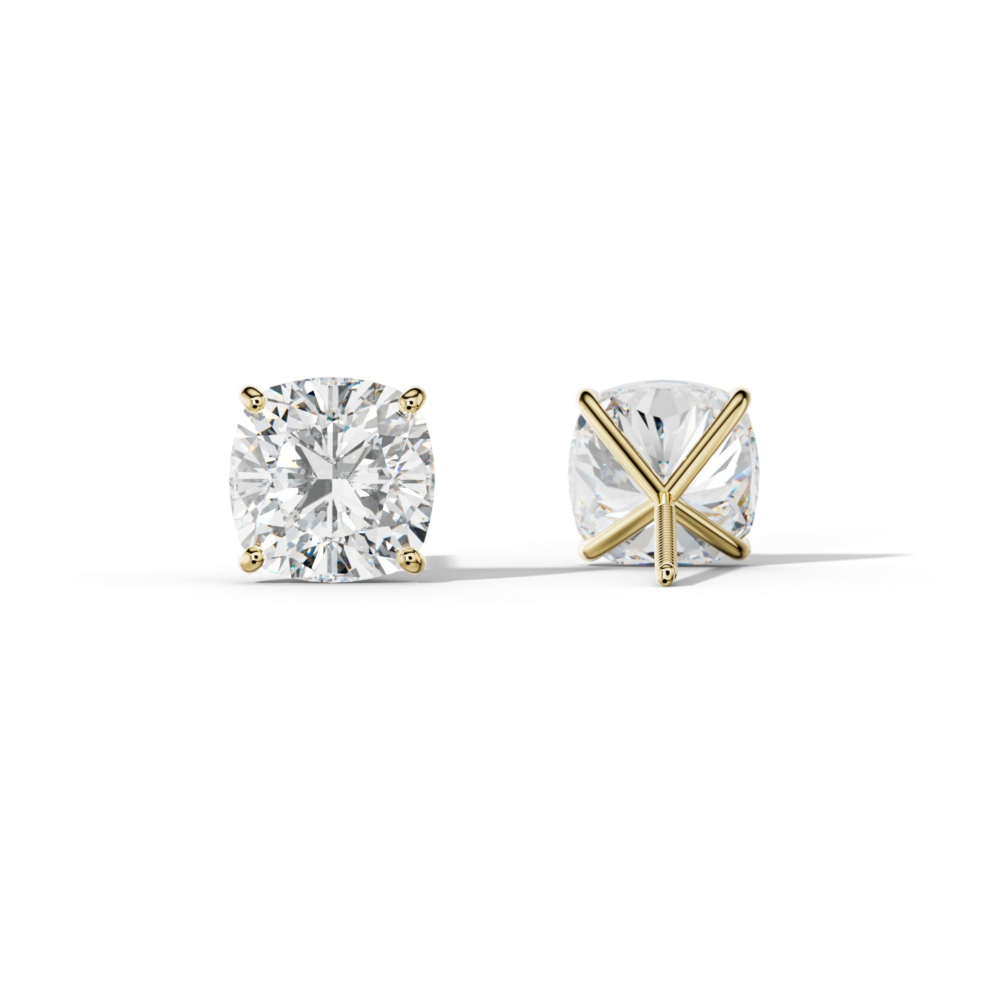 Cushion Diamond Stud Earrings With Four Classic Prong Martini Settings - 1/2 - 18K Yellow Gold
