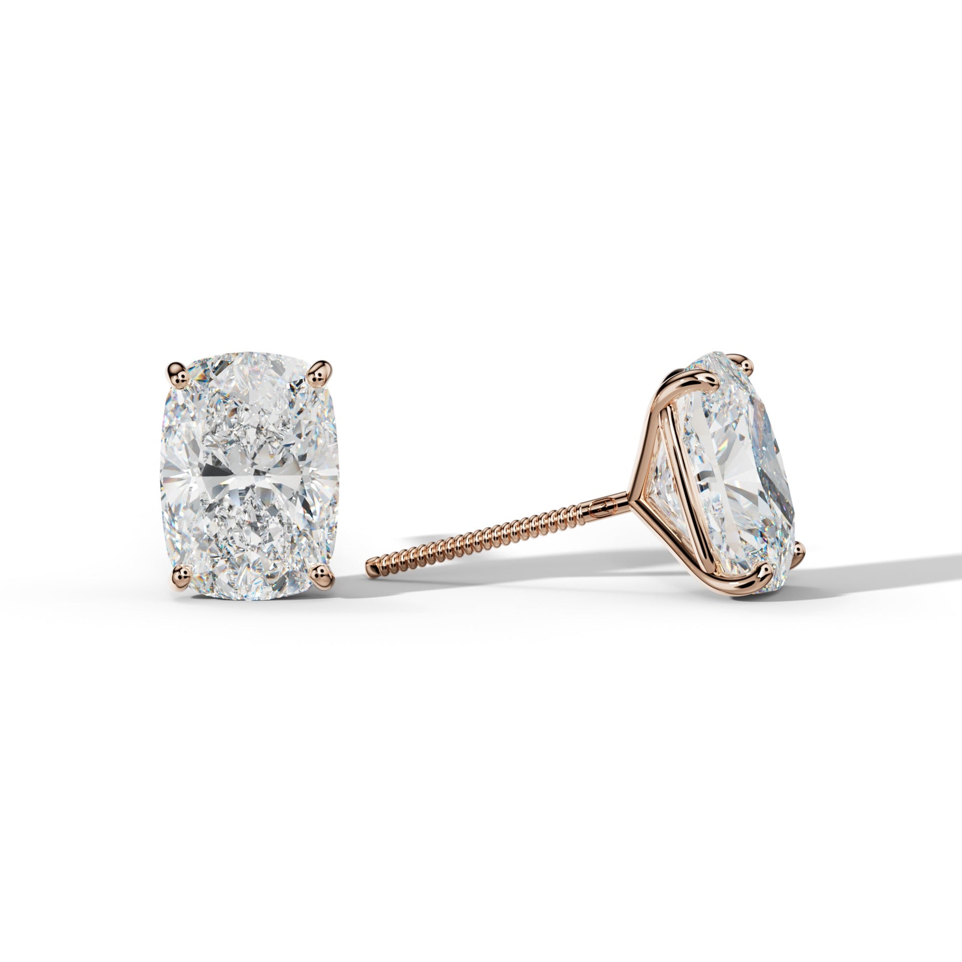Elongated Cushion Diamond Stud Earrings With Four Classic Prong Martini Settings - 1/2 - 18K Rose Gold