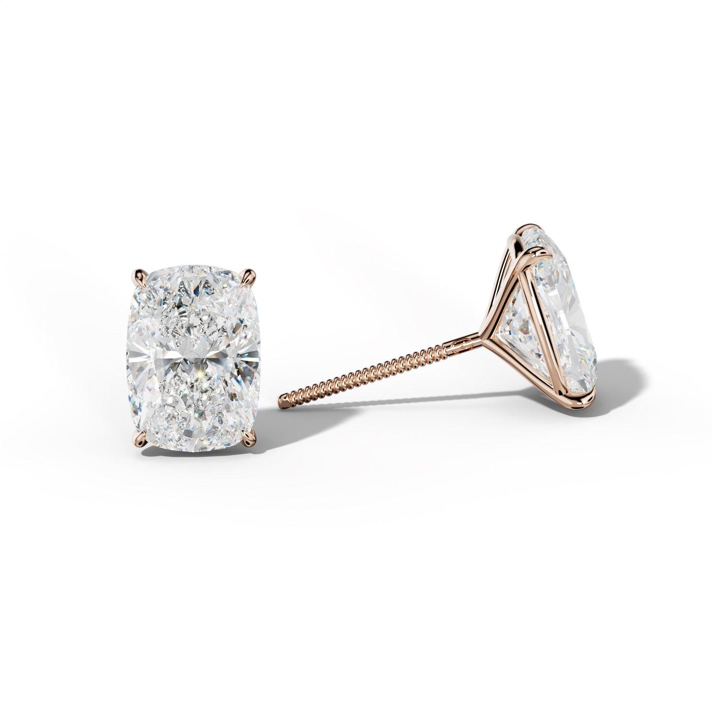 Elongated Cushion Diamond Stud Earrings With Four Prong Martini Settings - 1/2 - 18K Rose Gold