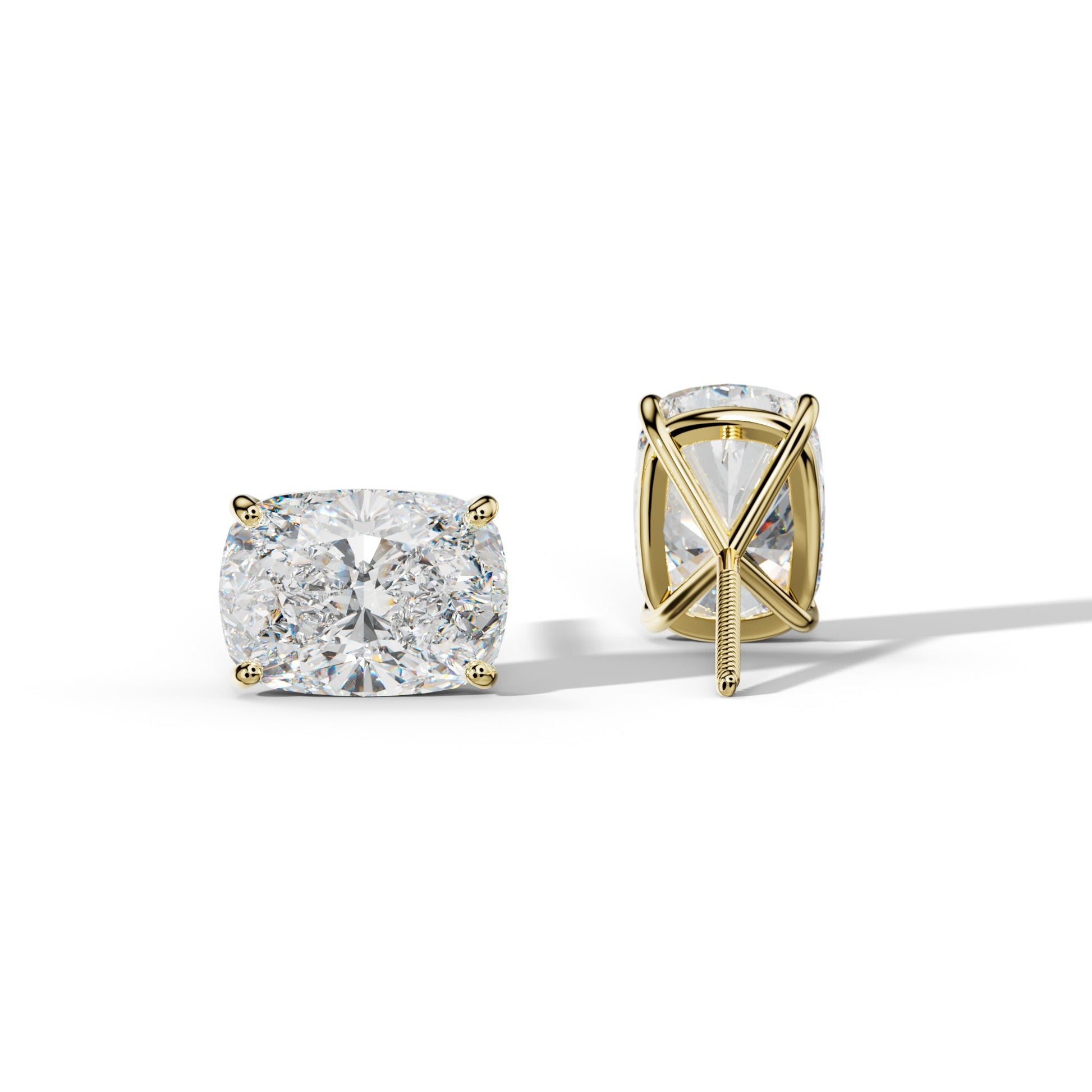 Elongated Cushion Diamond Stud Earrings With Four Classic Prong Martini Settings - 1/2 - 18K Yellow Gold