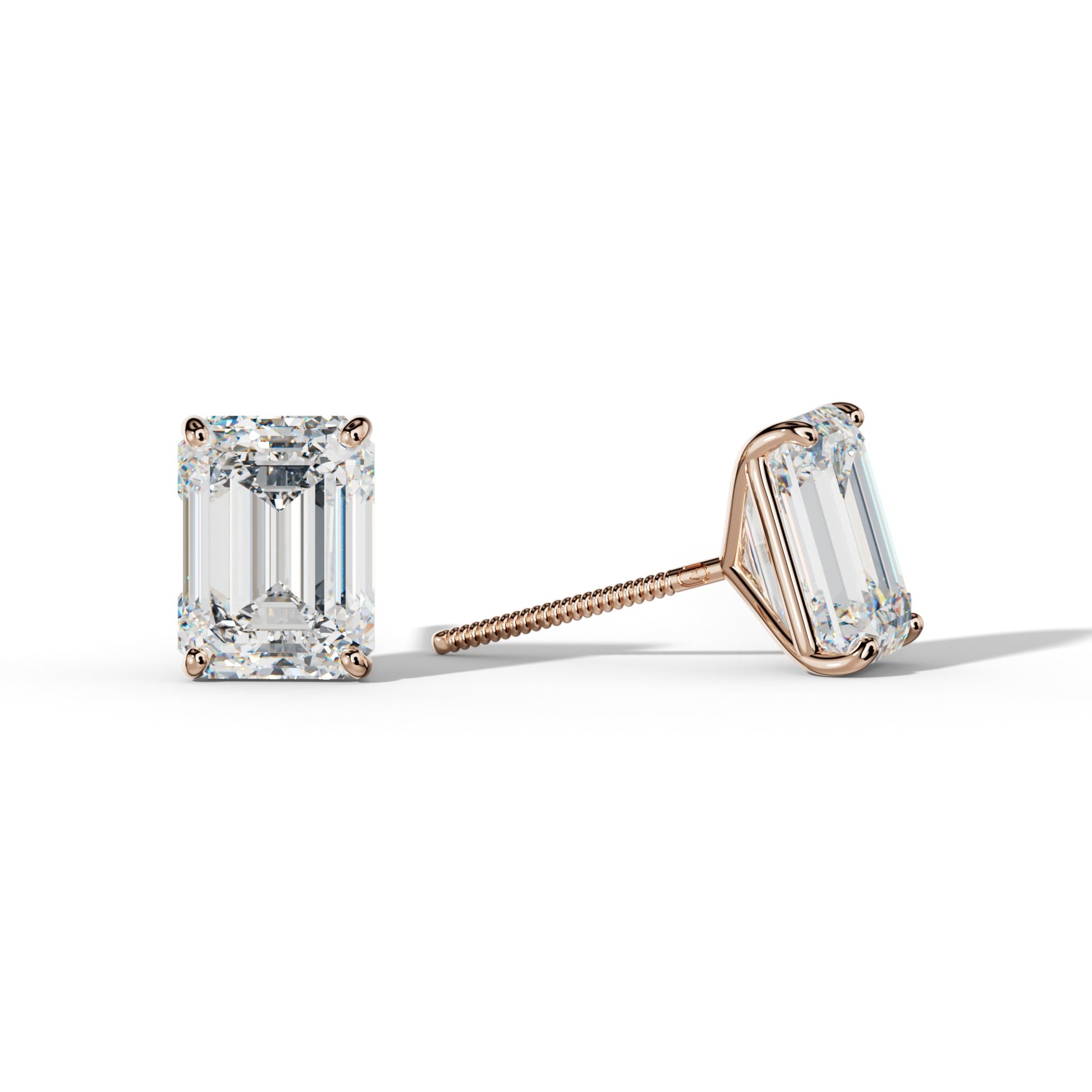 Emerald Cut Diamond Stud Earrings With Four Classic Prong Martini Settings - 1/2 - 18K Rose Gold