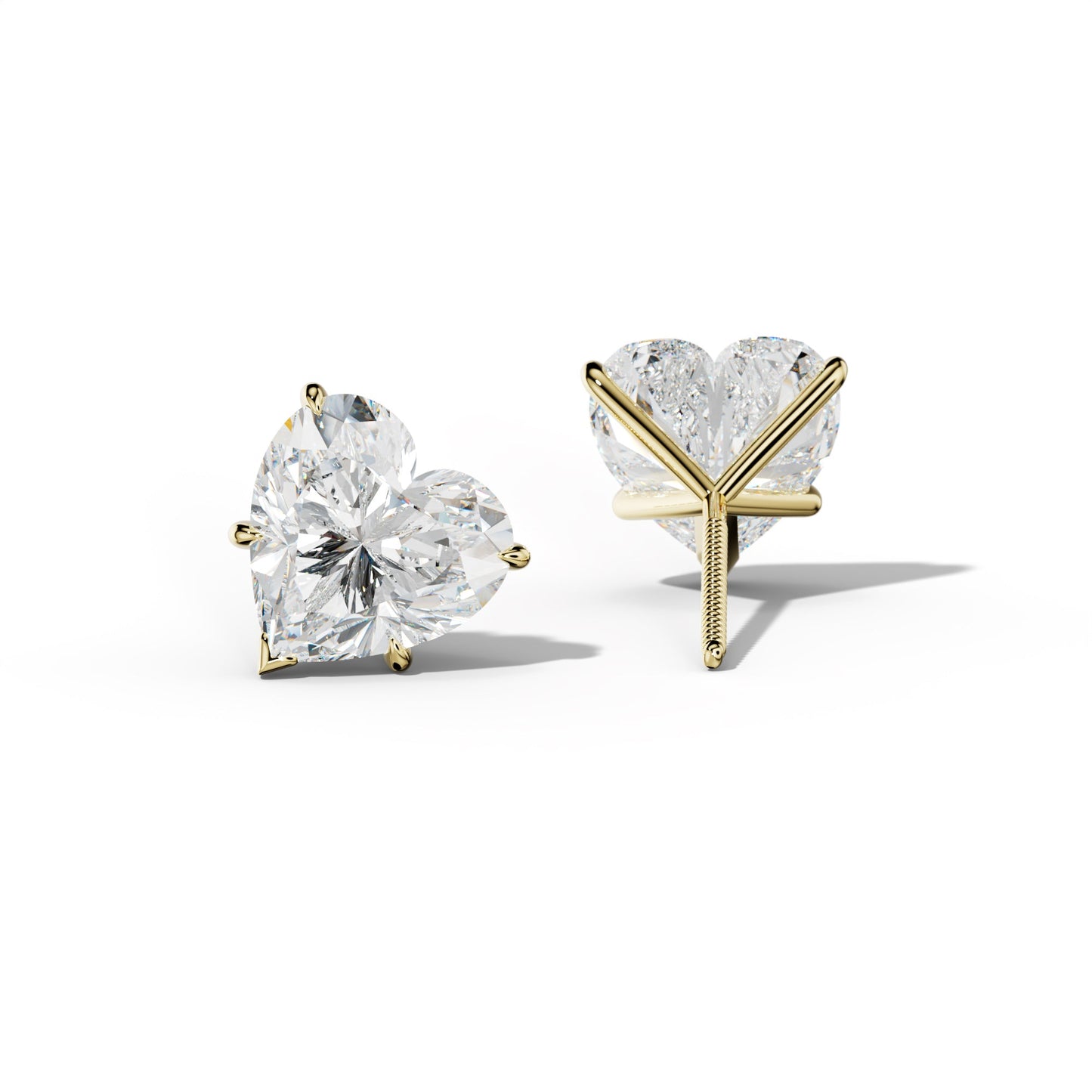 Heart  Diamond Stud Earrings With V Prong Martini Settings - 1/2 - 18K Yellow Gold