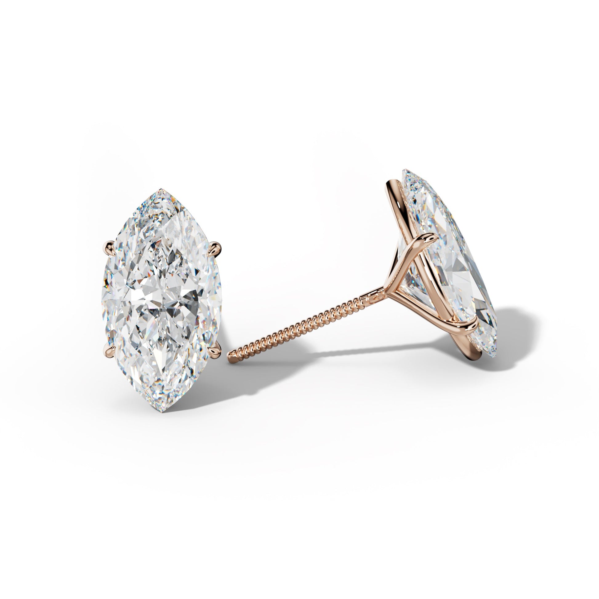 Marquise Diamond Stud Earrings With Four Prong Martini Settings - 1/2 - 18K Rose Gold