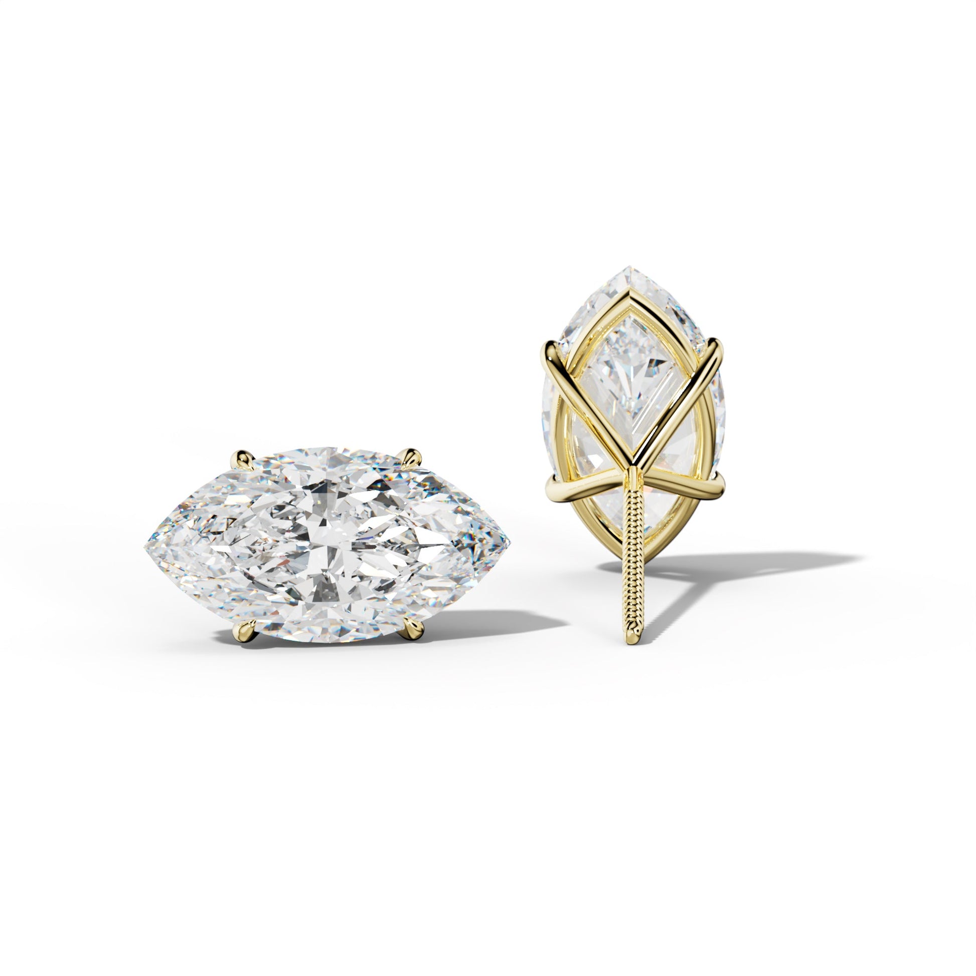 Marquise Diamond Stud Earrings With Four Prong Martini Settings - 1/2 - 18K Yellow Gold