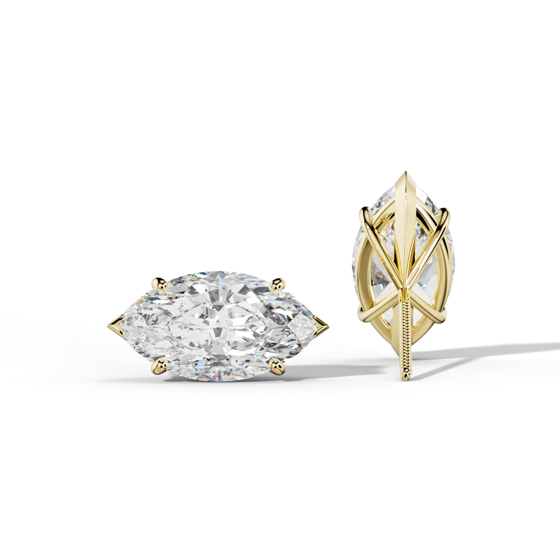 Marquise Diamond Stud Earrings With Classic And V Prong Martini Settings - 1/2 - 18K Yellow Gold