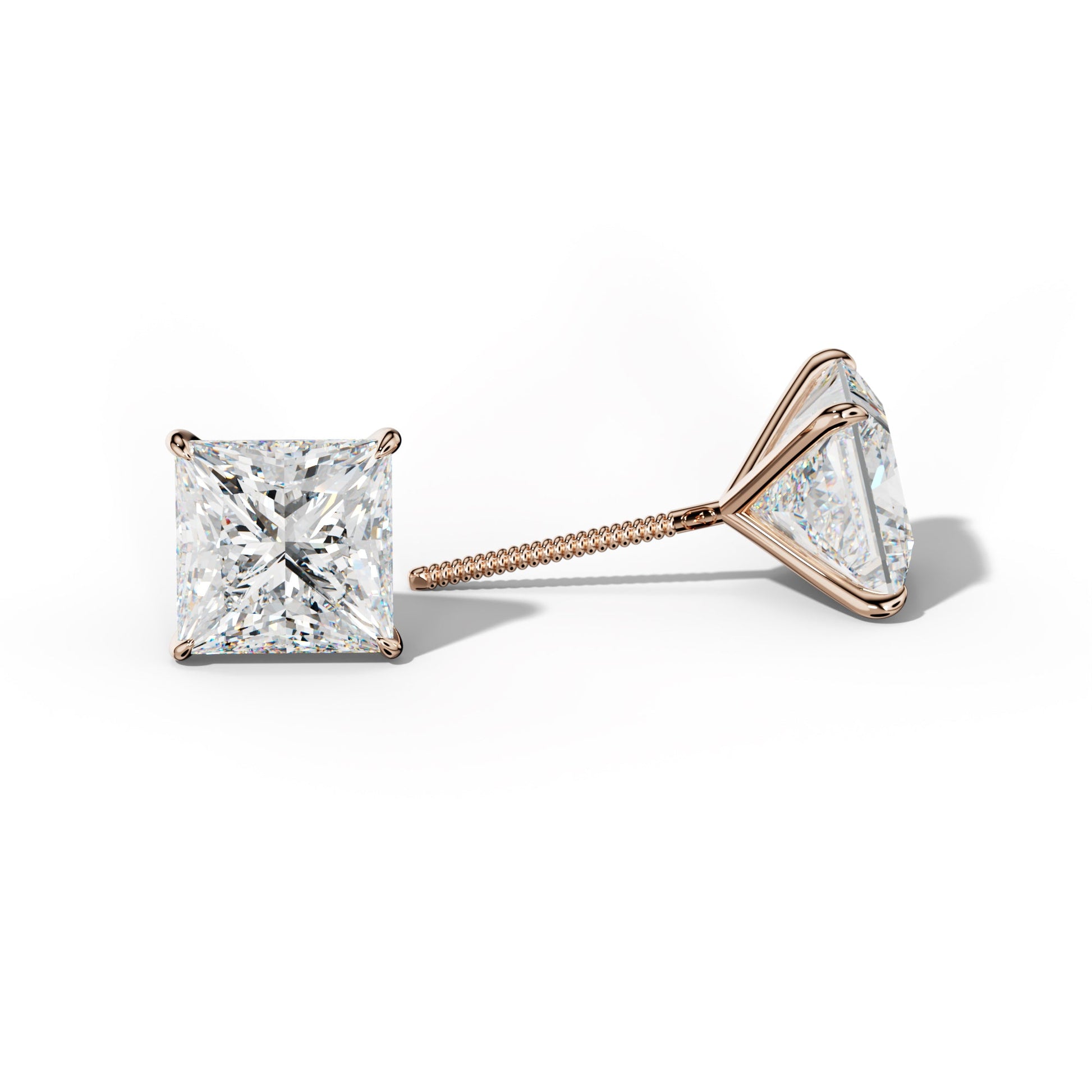 Princess Cut  Diamond Stud Earrings With  Four Prong Martini Settings - 1/2 - 18K Rose Gold